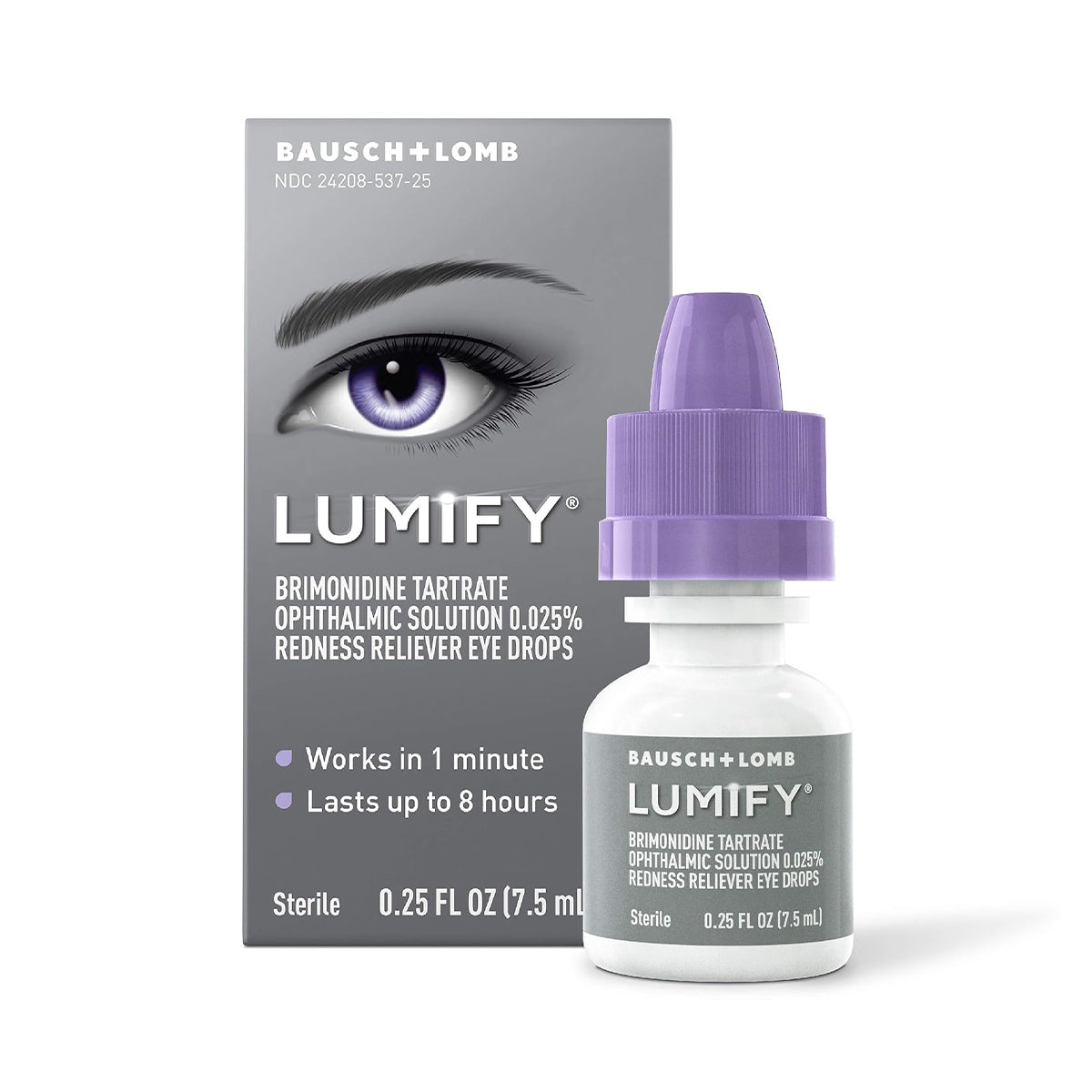 A box and bottle of Lumify Eye Drops by Bausch + Lomb, available in 2.5mL and 7.5mL (1 and 3 Month Supplies), features a stylized eye graphic. It highlights the brimonidine-based solution works in 1 minute and lasts up to 8 hours.