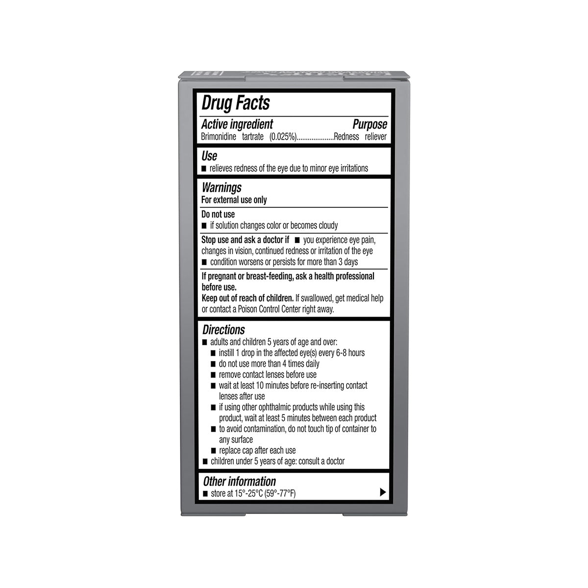 The image shows the drug facts label for Lumify Eye Drops by Bausch + Lomb, highlighting brimonidine as the active ingredient. It includes usage warnings, directions, storage info, and emphasizes its purpose in redness relief with clear instructions and necessary precautions.