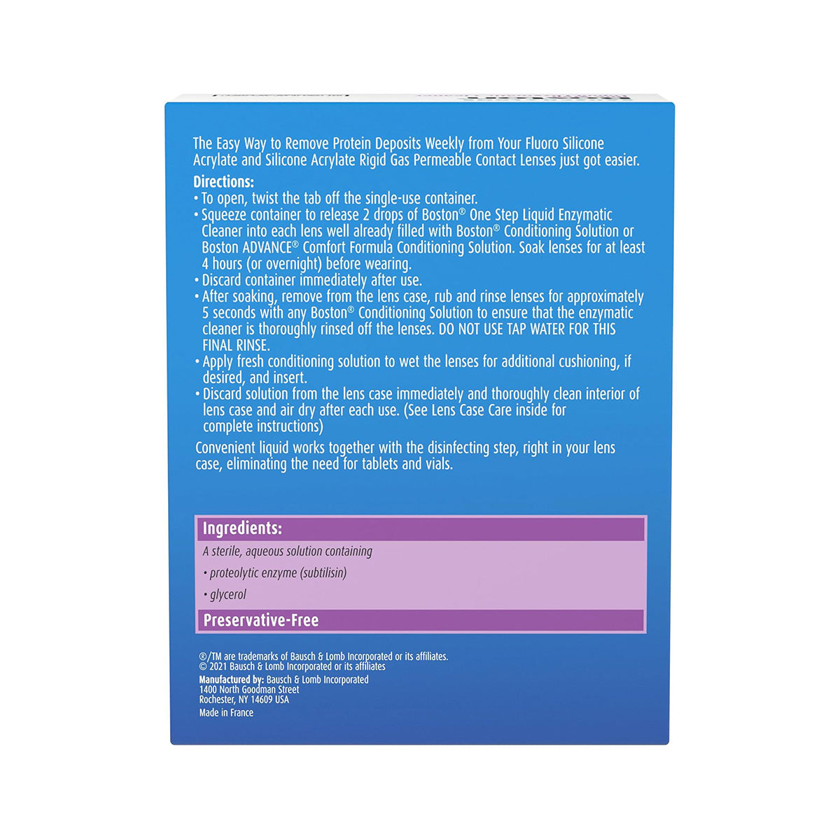 The Boston One Step Liquid Enzymatic Cleaner by Bausch + Lomb includes instructions and cautionary info for its protein remover solution, ideal for rigid gas permeable lenses. This sterile aqueous, preservative-free product contains proteolytic enzyme with stabilizers and multilingual directions.