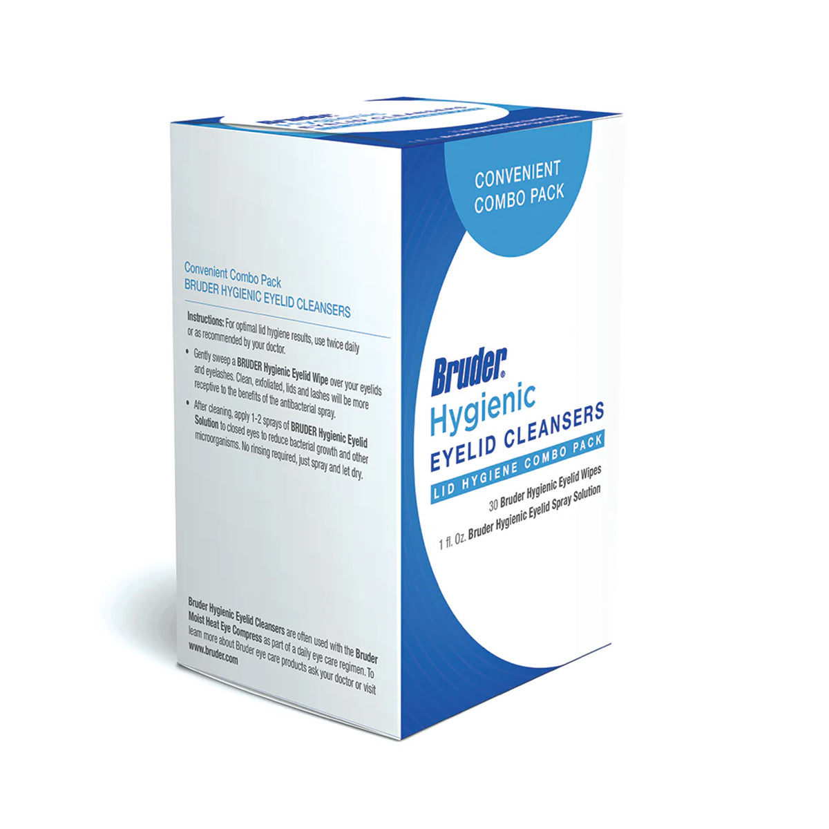 A box labeled Bruder Hygienic Eyelid Cleansers Combo Pack (Spray & Wipes) features a convenient pack with hypochlorous acid solution spray and cleanser pads for optimal eyelid hygiene.