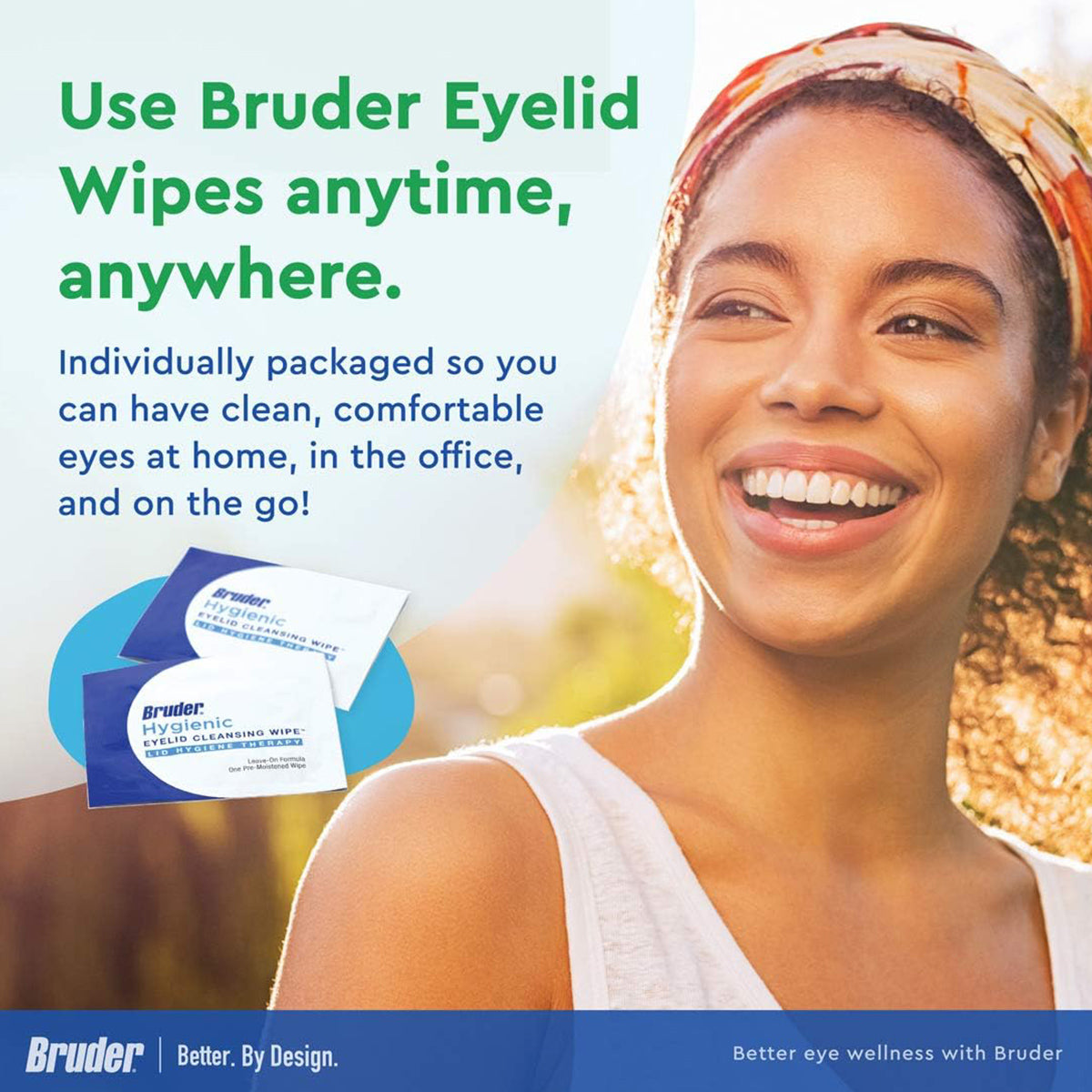 Cheerful woman outdoors promoting Bruder Hygienic Eyelid Cleansers Combo Pack, featuring wipes enhanced with hypochlorous acid for superior eye hygiene. Ideal for convenient cleansing anywhere.