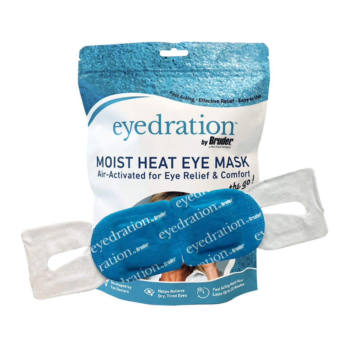 The Bruder Eyedration Air-Activated Steam Mask (10 Mask Pack) comes in blue and white packaging, featuring the mask with straps next to the box, highlighting its soothing benefits for dry eye relief and enhanced comfort.