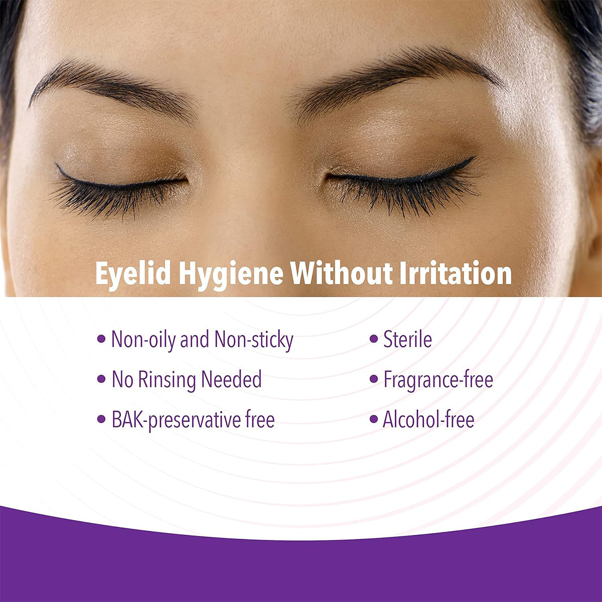 A person with closed eyes, using iVIZIA Micellar Eyelid Cleanser by Thea for sensitive eyelid hygiene. Text reads: Eyelid Hygiene Without Irritation highlighting benefits: non-oily, non-sticky, rinse-free, sterile, fragrance-free, alcohol-free, and preservative-free.