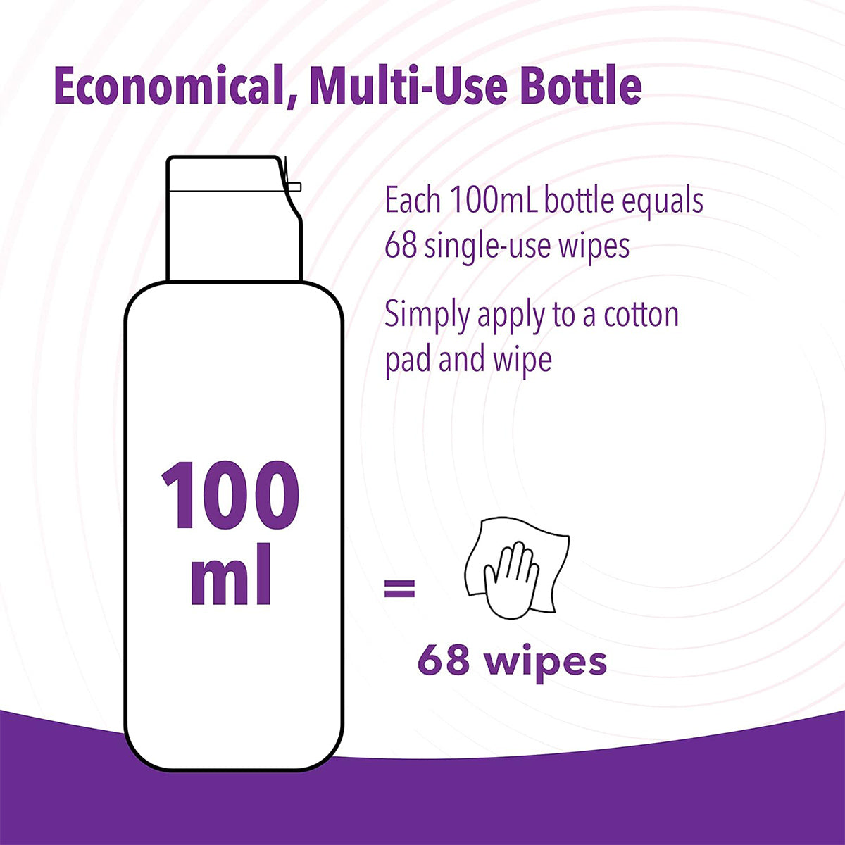 Theas iVIZIA Micellar Eyelid Cleanser in a 3.3 fl oz bottle (equivalent to 68 wipes) is perfect for sensitive eyelids. It features a purple and white swirled design, with instructions to apply on a cotton pad and wipe. The preservative-free formula offers gentle care without rinsing.