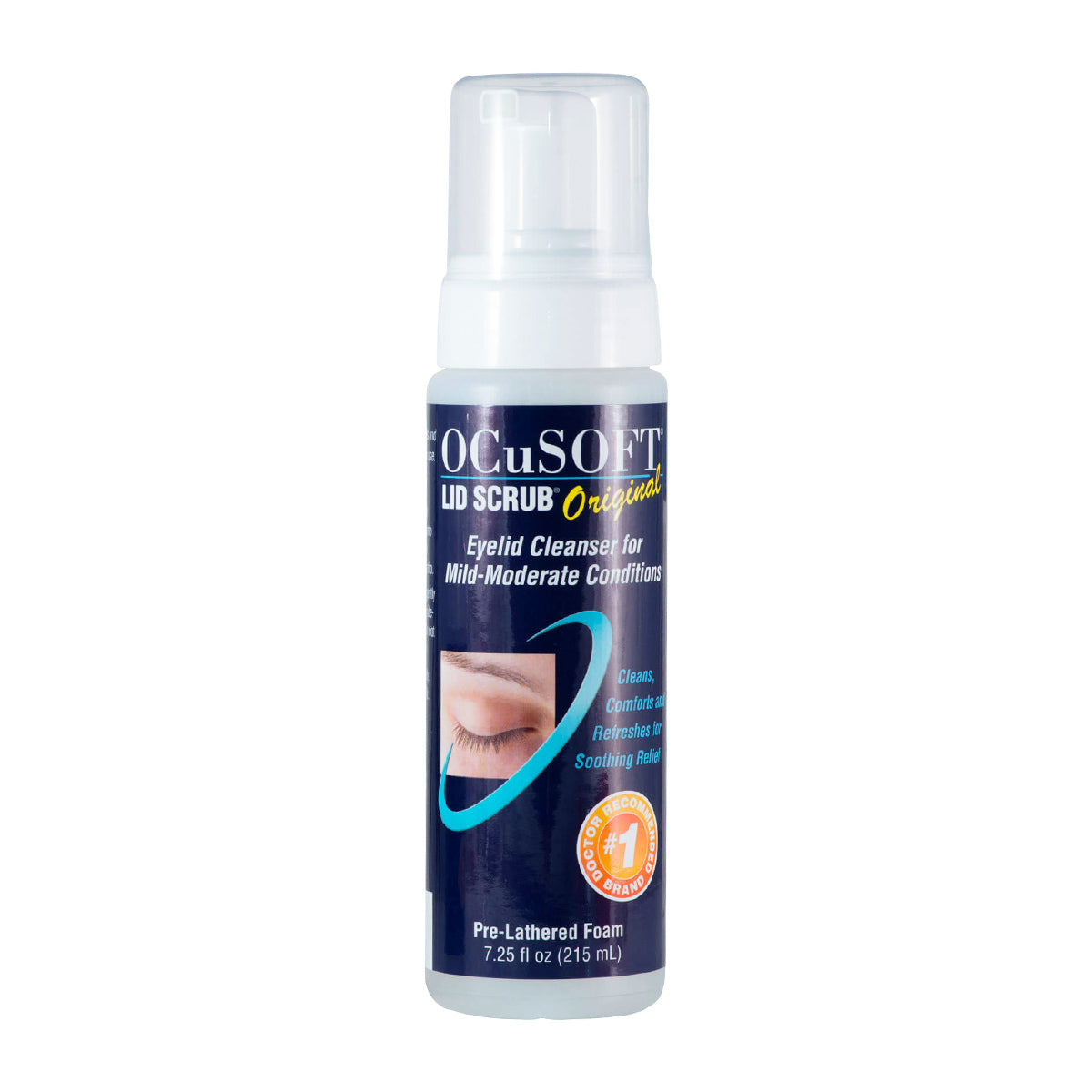 Image of a 7.25 fl. oz. (215 ml) bottle of Ocusoft Lid Scrub Original Foaming Eyelid Cleanser by OCuSOFT, featuring a close-up of an eye on the label and promoting its cleansing and soothing benefits for mild to moderate conditions.