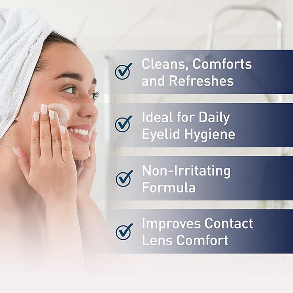 A person with a towel wrapped around their head applies Ocusoft Lid Scrub Original Foaming Eyelid Cleanser to their face. Beside them, text lists benefits: Cleans, Comforts and Refreshes, Ideal for Daily Eyelid Hygiene, Non-Irritating Formula, Improves Contact Lens Comfort.