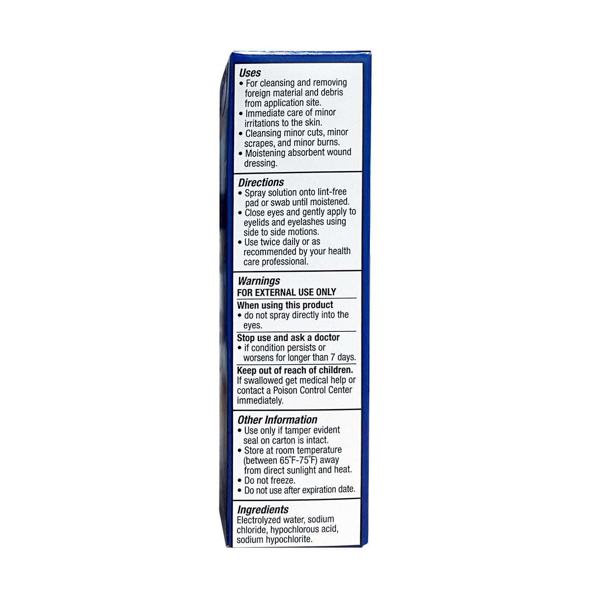 The OCuSOFT HypoChlor Spray Eyelid & Eyelash Cleaner (2 oz) lists uses, directions, and warnings on its box. Its intended for external use only; spray on affected areas. Made with electrolyzed water and hypochlorous acid, its ideal for eye hygiene as an eyelid cleanser.