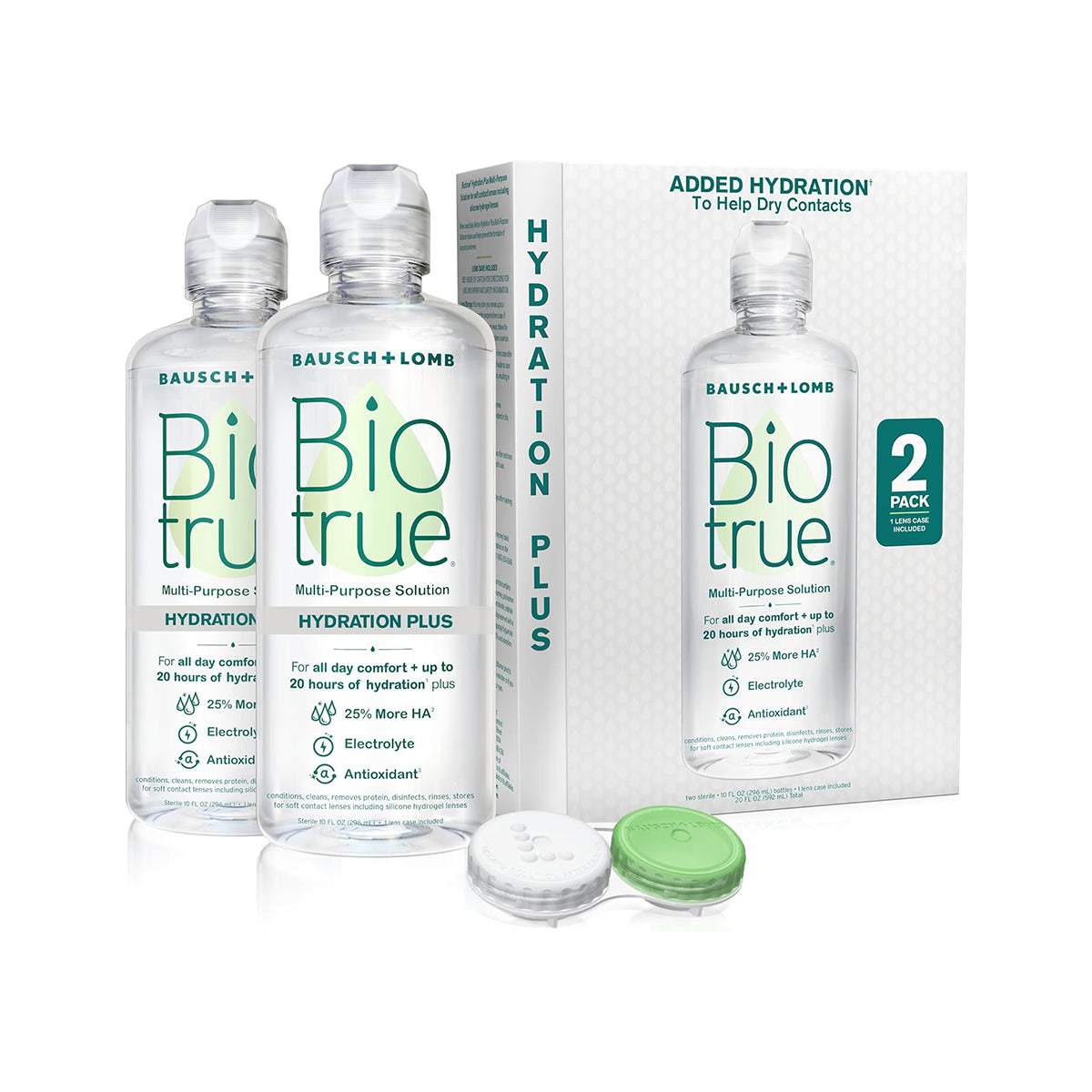 Two bottles of BioTrue Multi Purpose Contact Lens Solution with Hydration Plus by Bausch + Lomb are displayed with a box featuring cases, highlighting added hydration, antioxidants, and electrolytes for superior moisture. The 2 Pack label is prominently visible.