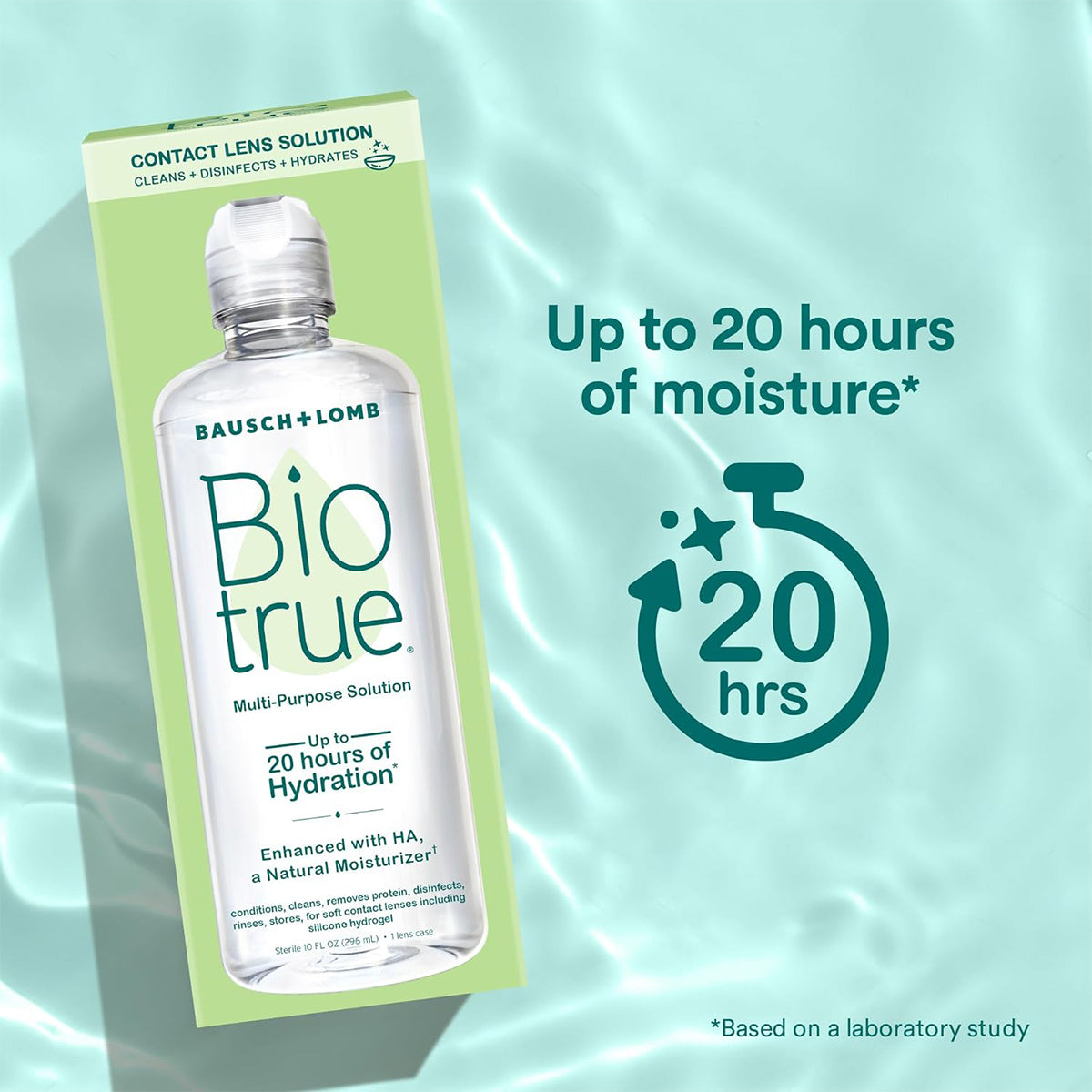 An image depicts a BioTrue Multi-Purpose Solution bottle and box on water by Bausch + Lomb. Text states Up to 20 hours of moisture beside a clock icon with 20. Suitable for silicone hydrogel lenses, the packaging emphasizes hydration and HA, a natural moisturizer. Comes in 10oz x 2 bottles.