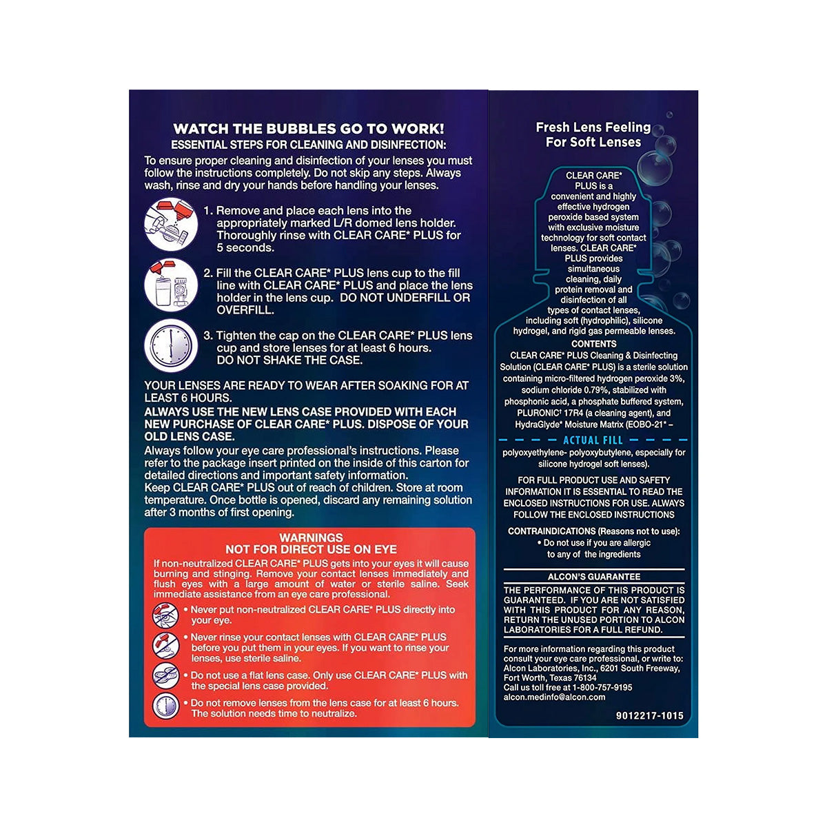 The Alcon pamphlet offers detailed instructions for using Clear Care Plus Cleaning Solution with Hydraglyde, Travel Size (3oz - 90mL), to clean and disinfect soft lenses. It features safety warnings and an image of the lens case, ensuring effective hydrogen peroxide disinfection.