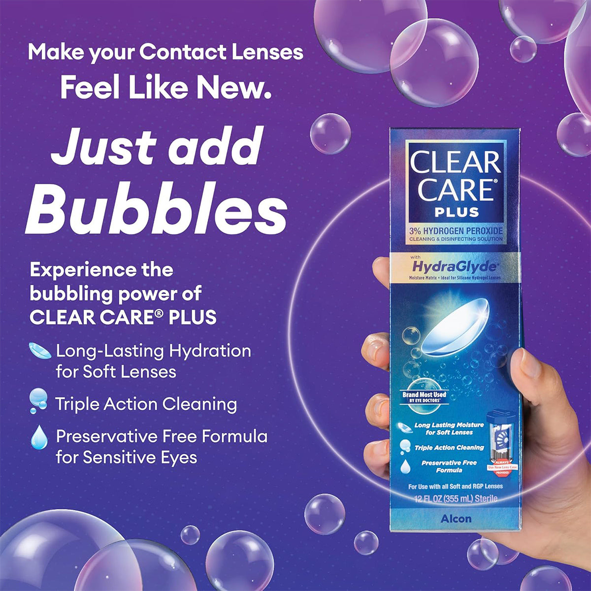 A hand displays a 12 oz bottle of Alcons Clear Care Plus Cleaning Solution with Lens Case against a bubble-filled purple backdrop, highlighting Long-Lasting Hydration, Triple Action Cleaning, and Preservative Free Formula for effective hydrogen peroxide cleaning.