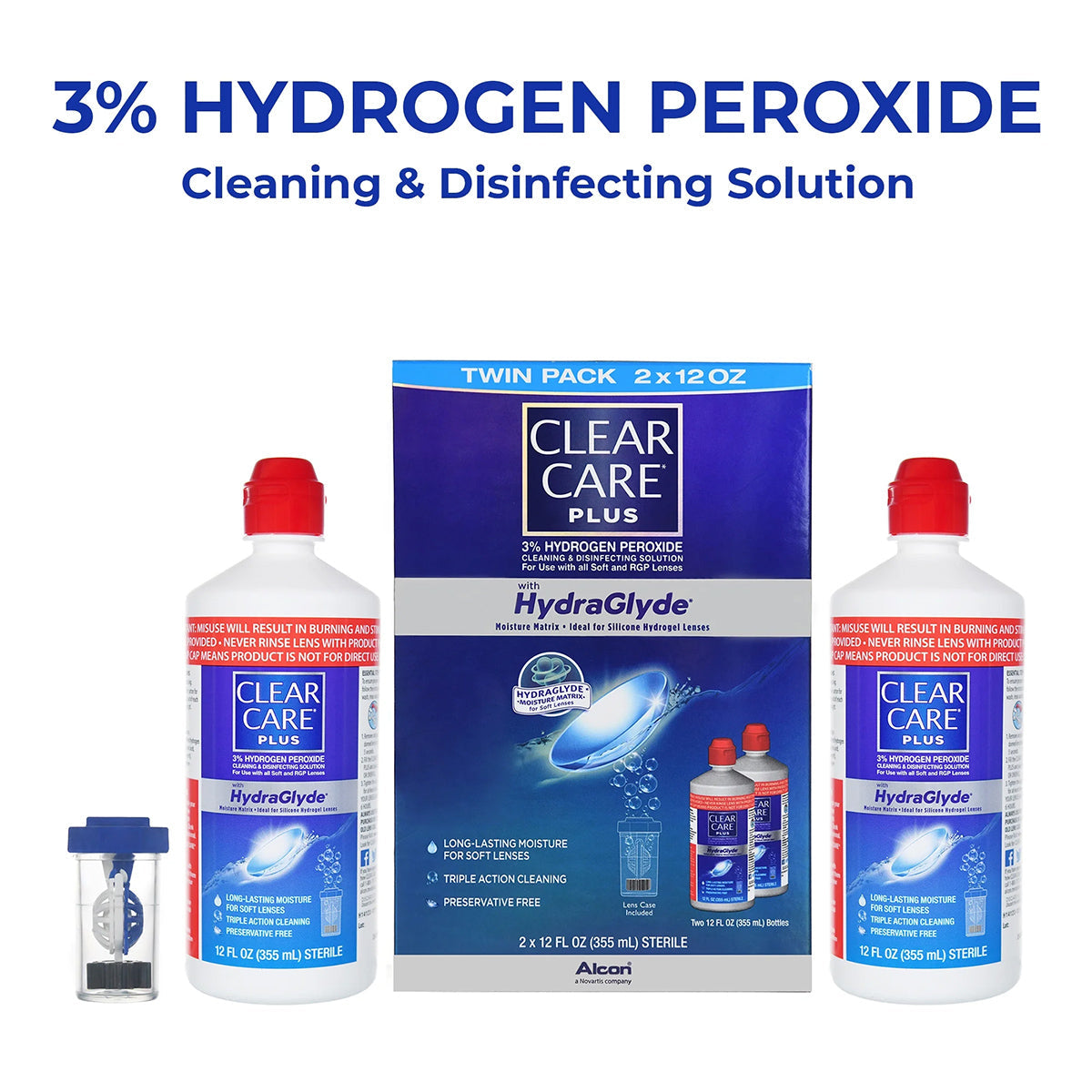 An image of Alcons Clear Care Plus Cleaning Solution with Lens Case, featuring a twin pack of two 12 oz bottles. The packaging highlights the benefits of 3% hydrogen peroxide cleaning for long-lasting moisture.
