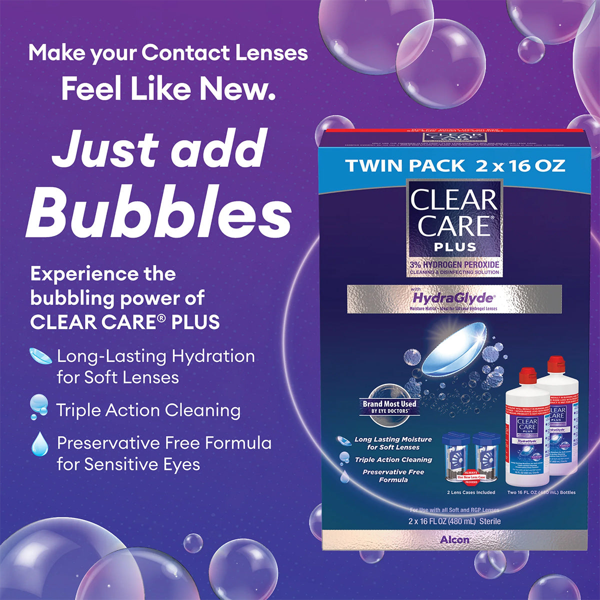 The packaging of Alcons Clear Care Plus Cleaning Solution with Lens Case, Twin Pack, highlights long-lasting hydration and triple-action hydrogen peroxide cleaning in a preservative-free formula. The background features bubbles.