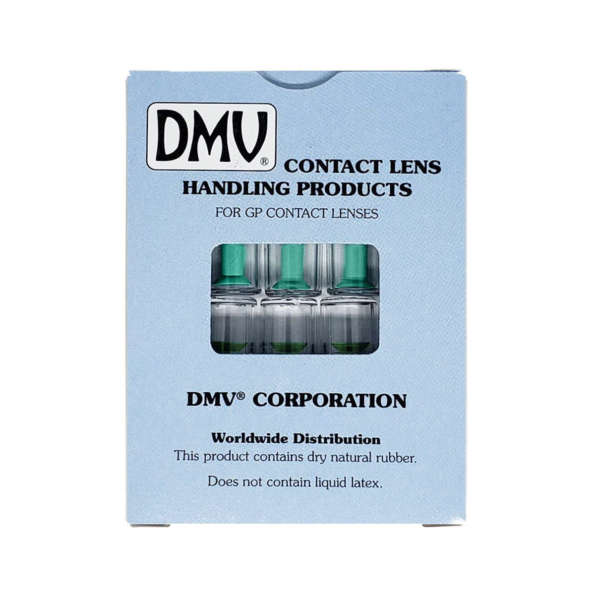 The DMV Ultra Hard Contact Lens Remover (10-Packs) by DMV features blue packaging with four transparent lens holders visible through a cutout, perfect for suction cup use in hard and gas permeable lenses. The product is globally distributed and made of dry natural rubber, not liquid latex.