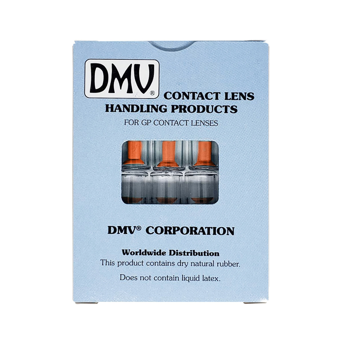 The blue box of DMV Ultra Hard Contact Lens Remover (10-Packs) for GP lenses displays four orange-tipped suction tools through a transparent window. The packaging emphasizes global distribution and confirms no liquid latex content.