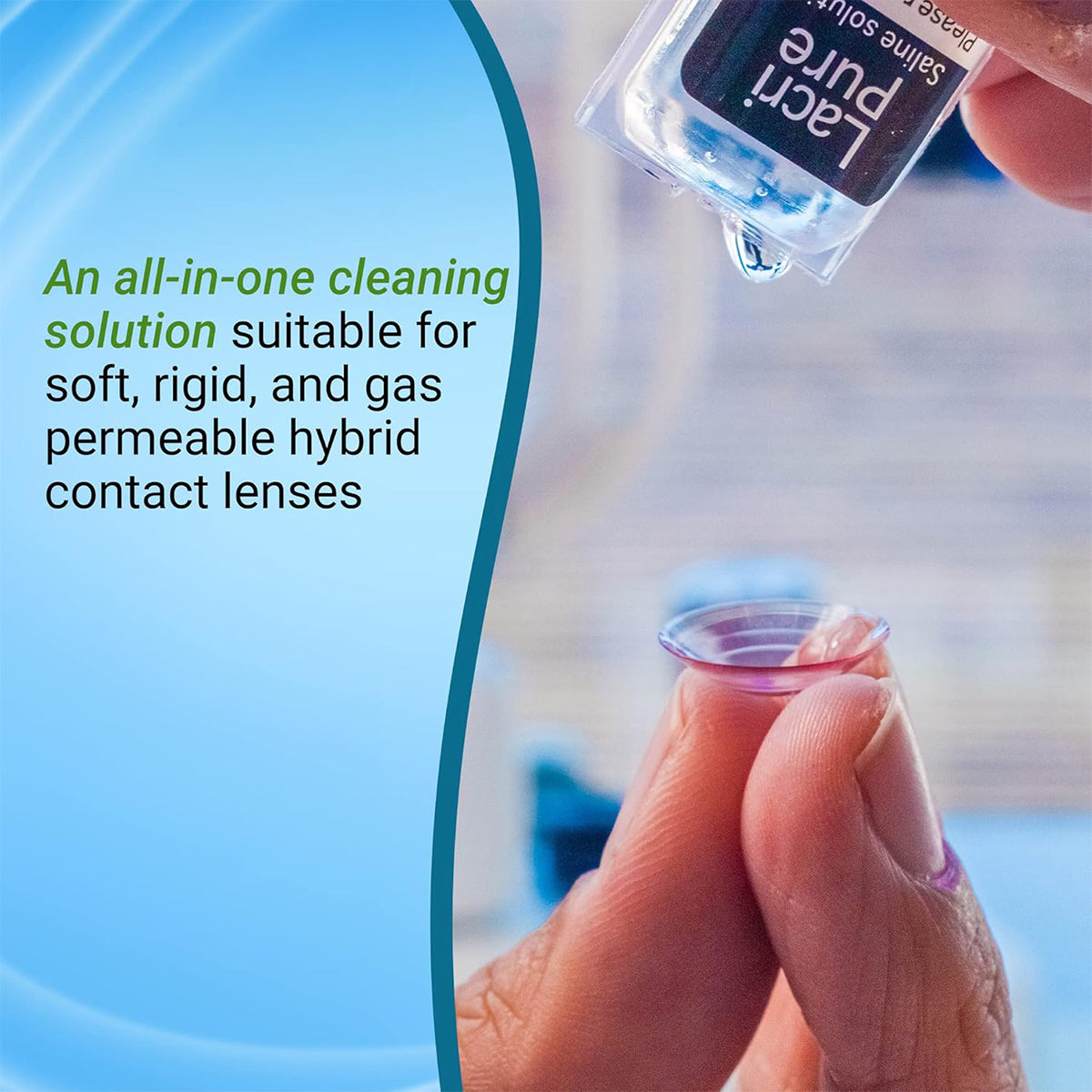 Close-up of a person holding a contact lens with a Menicon LacriPure Sterile Saline Solution vial above. Text reads: Ideal for cleaning all types of contact lenses including soft, rigid, and gas permeable hybrid lenses.