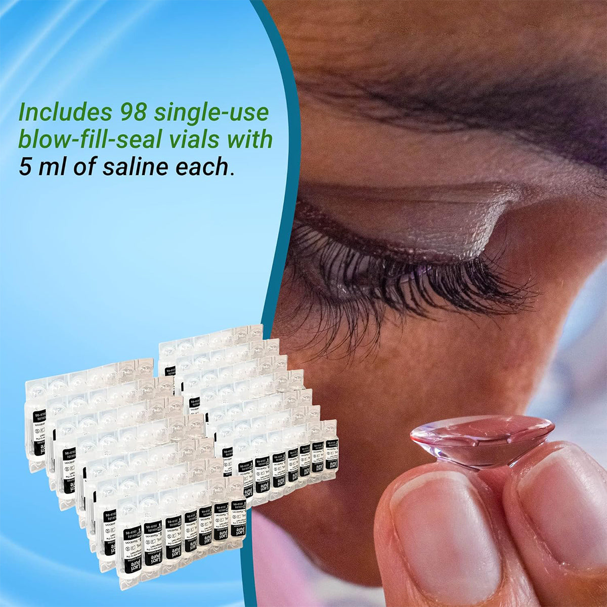 A close-up shows someone holding a contact lens near their eye. Text in blue reads: Includes 98 single-use Menicon Lacripure vials, each with 5 ml of preservative-free saline. Image also features stacks of saline vials in the bottom left corner.
