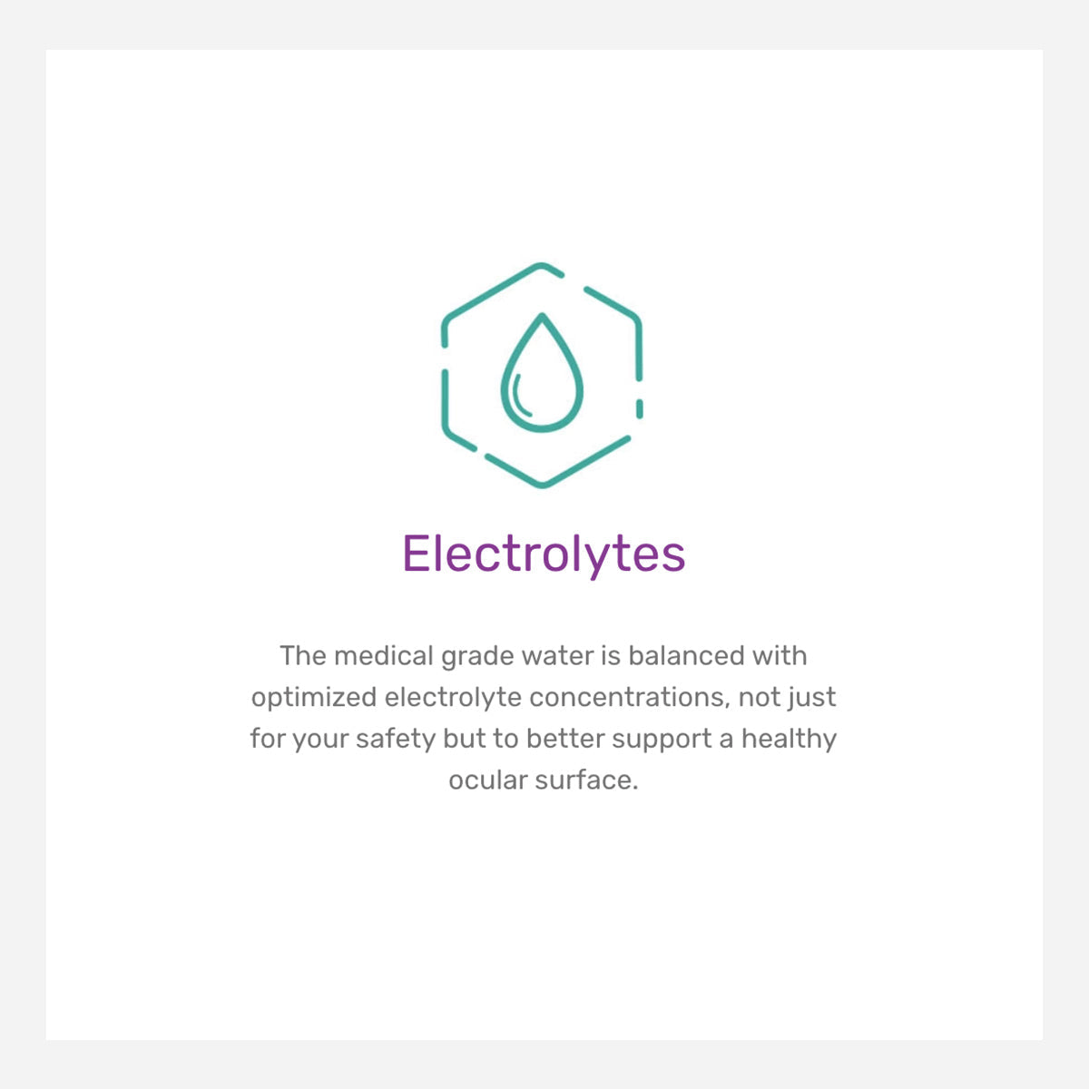 A teal droplet inside a hexagon appears above Electrolytes in purple on the Nutrifill saline solution by Contamac, noting its electrolyte-enrichment and optimized concentrations to support healthy eyes; perfect for users of scleral, hybrid, and GP lenses.