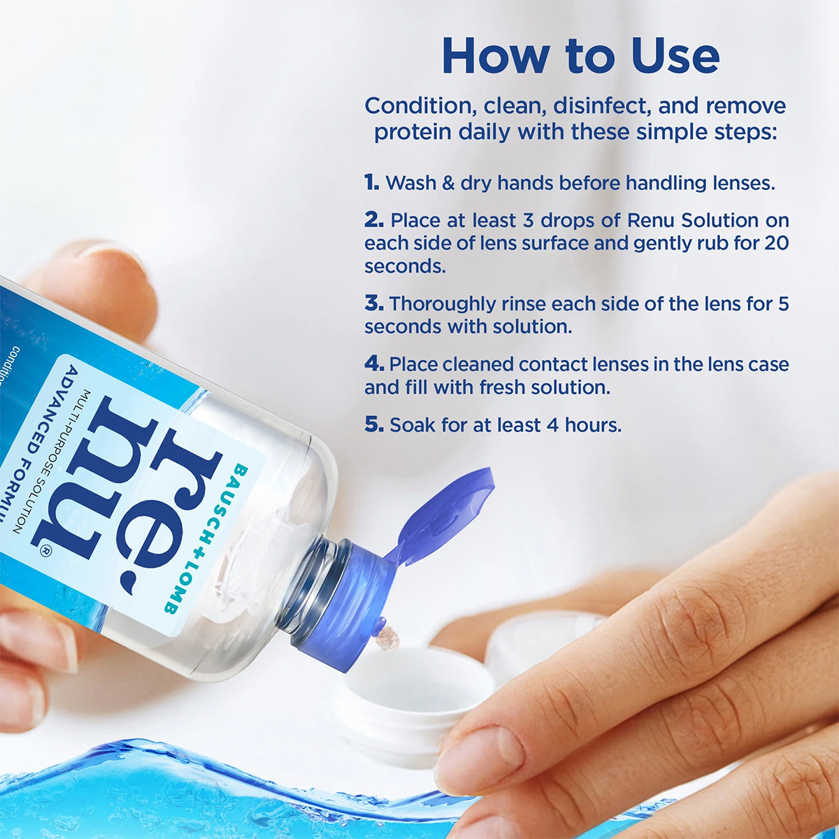 A hand pours Bausch + Lomb Renu Advanced Contact Lens Solution on contacts near blue liquid. Instructions: wash hands, apply 3 drops per lens, rub, rinse, and store lenses in fresh Multi-Purpose Solution for at least 4 hours. Product: 2 x 12 fl oz (355mL) for soft contact lenses.