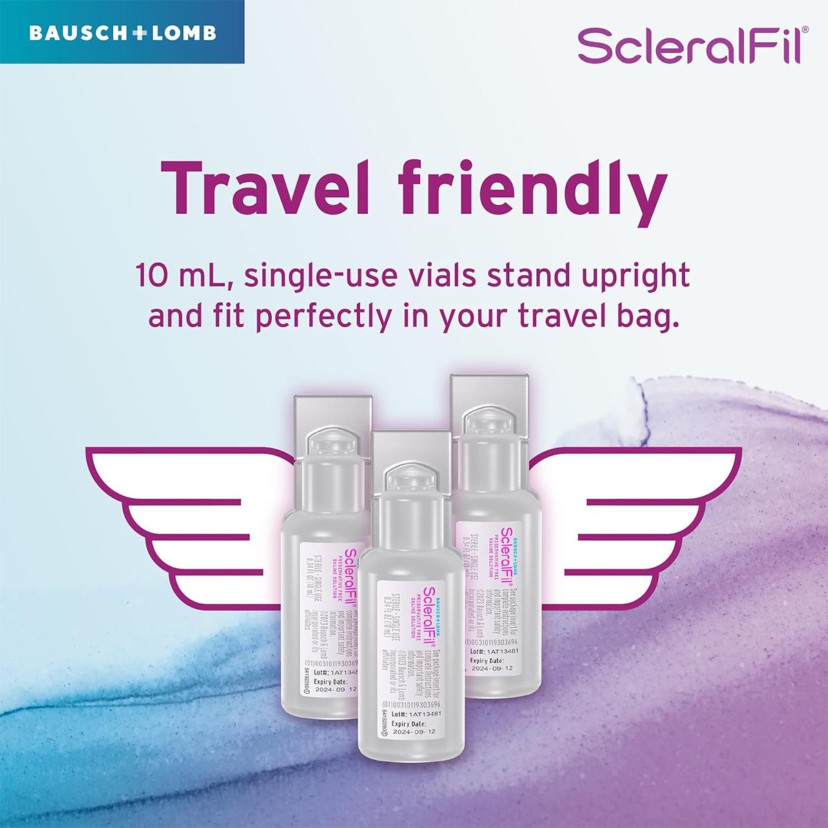Image of three ScleralFil 10 mL single-use vials featuring angel wings, highlighting preservative-free saline for scleral contact lenses. Blue and purple watercolor backgrounds emphasize the travel-friendly design, with the Bausch + Lomb logo in the top left corner.