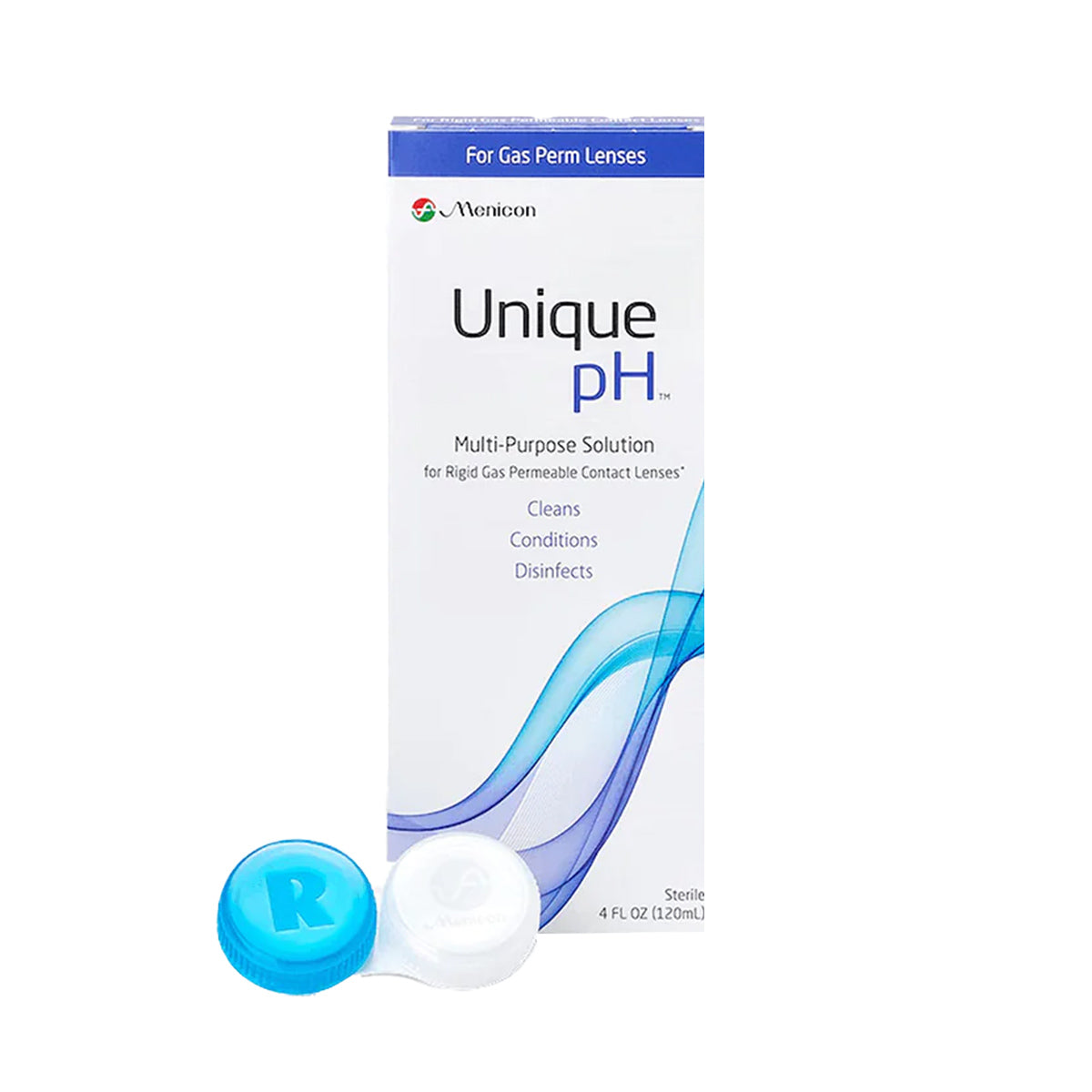 The Menicon Unique pH Multipurpose Solution 4 fl oz for gas permeable lenses cleans, conditions, and disinfects for better comfort. A blue and white contact lens case is included.