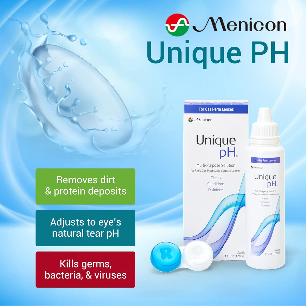 The image features packaging for Menicons Unique pH Multipurpose Solution for Gas Permeable Contact Lenses, 4 fl oz (120ml), with a case. It removes dirt and protein deposits, adjusts to natural tear pH, and eliminates germs, bacteria, and viruses. The background displays a splash with bubbles.