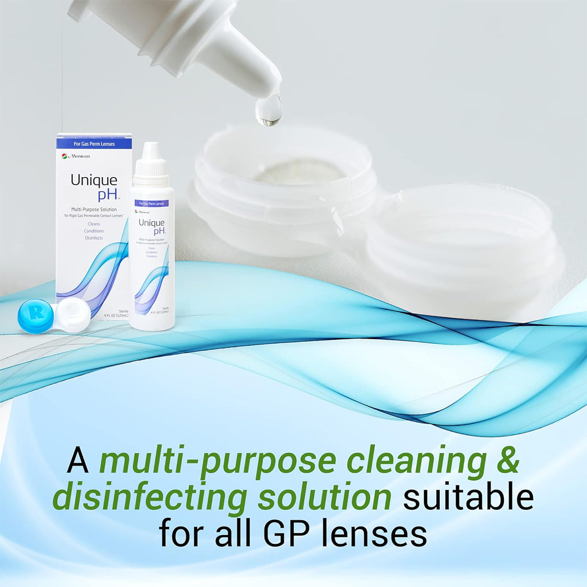 A 4 fl oz bottle of Menicons Unique pH Multipurpose Solution for Gas Permeable Contact Lenses dispenses a drop into its case and packaging, labeled as a multi-purpose cleaning & disinfecting solution to ensure optimal lens comfort.