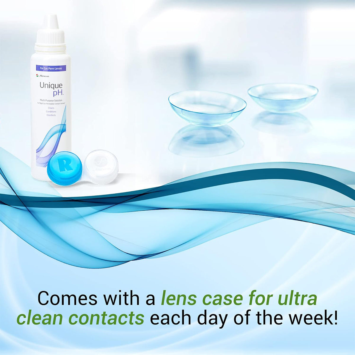 A bottle of Menicons Unique pH Multipurpose Solution for Gas Permeable Lenses 4 fl oz (120ml) sits next to a blue and white lens case, with two gas permeable lenses in the background. Text says, Includes lens case for ultra clean contacts every day!.