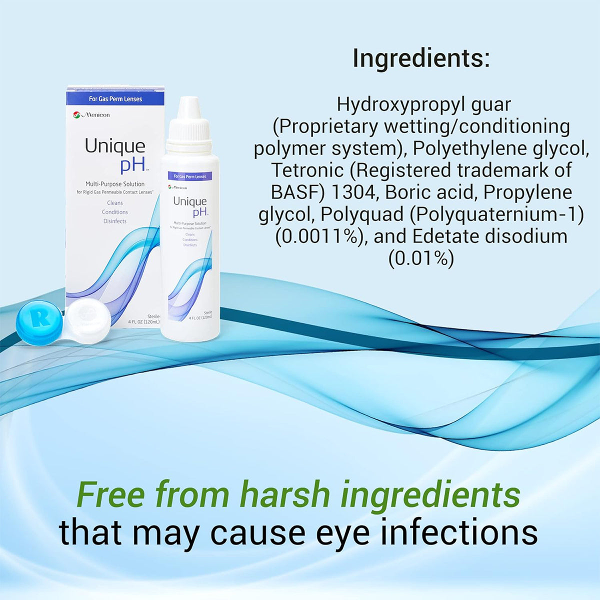 Image of Menicons Unique pH Multipurpose Solution for Gas Permeable Contact Lenses (4 fl oz) with a case. The box and bottle are beside a contact lens case, highlighting superior comfort. Ingredients assure its free from harsh elements that could cause eye infections, set against a soothing blue wave design.