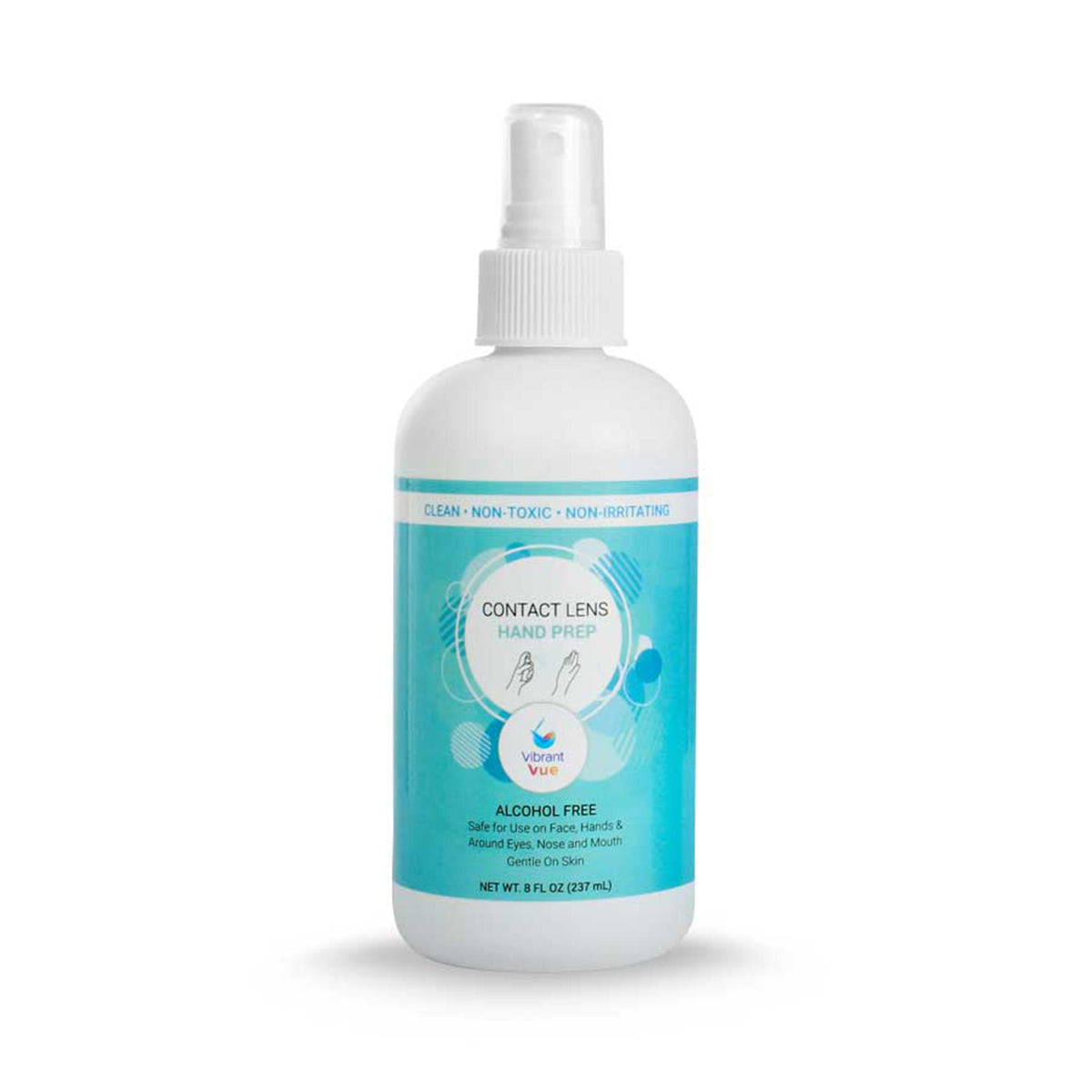 The Vibrant Vue Contact Lens Hand Prep by Visionary Optics is a white bottle with a spray nozzle featuring a turquoise label. Its alcohol-free, gentle on skin with hypochlorous acid, touting Clean - Non-Toxic - Non-Irritating above its 8 fl oz (237 ml) capacity.