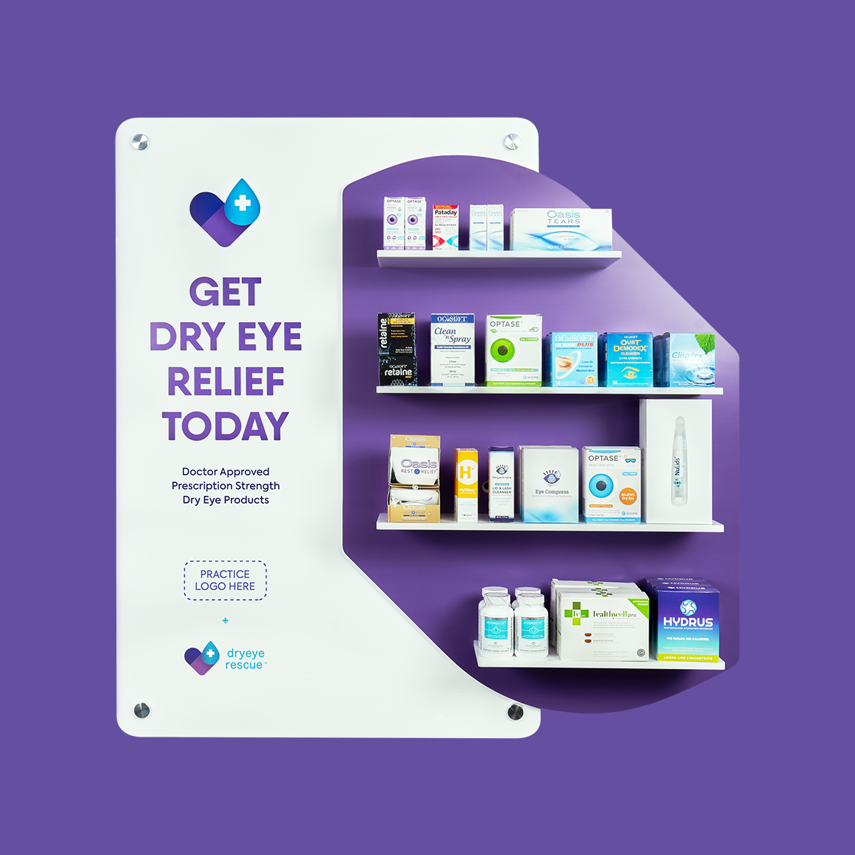 The Medium Wall Display Capture Rate Without TV by DryEye Rescue features Get Dry Eye Relief Today amid a variety of dry eye products on small shelves against a purple backdrop, plus a placeholder for your logo.
