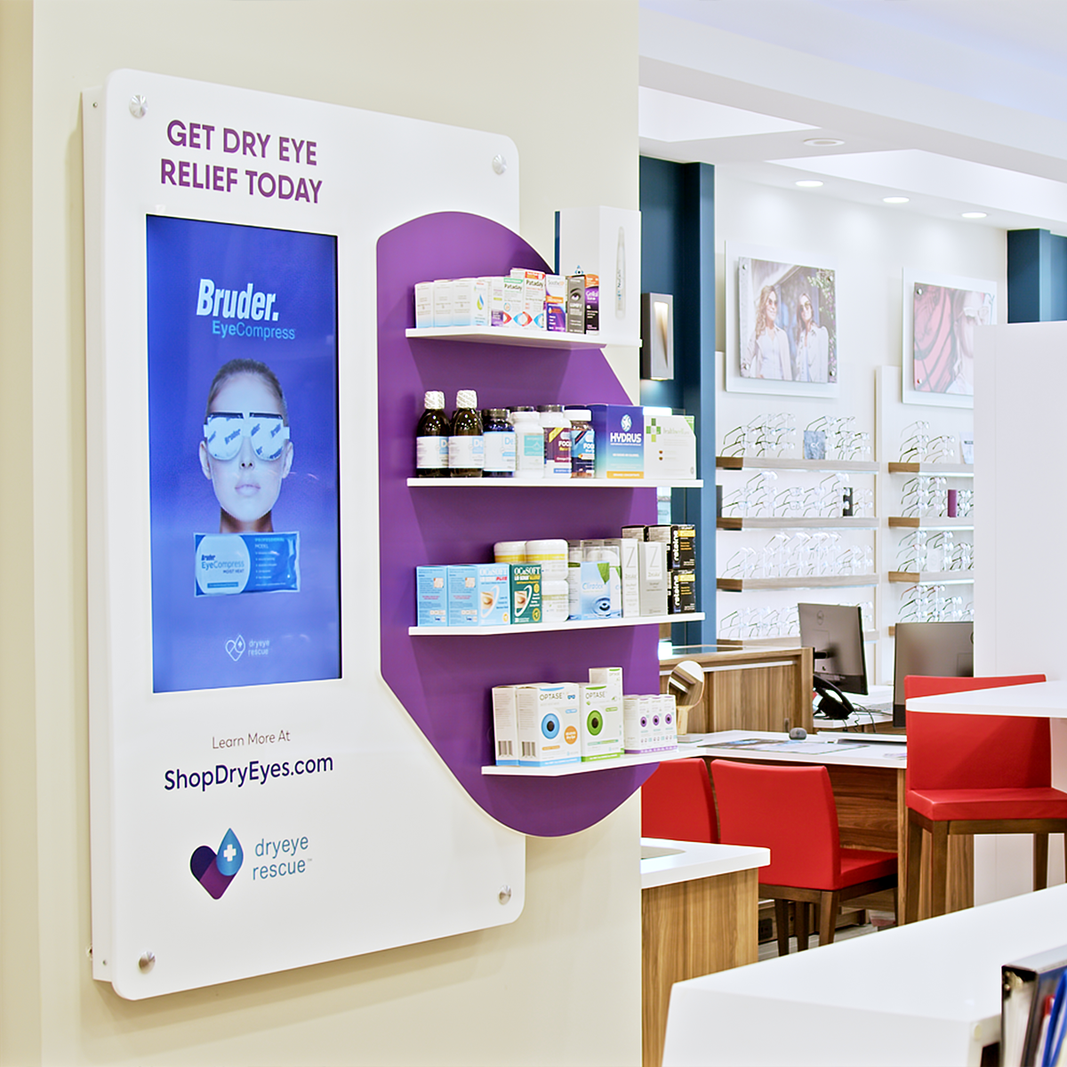 A DryEye Rescue store display promoting dry eye relief includes a Medium Wall Display Capture Rate Without TV, surrounded by diverse eye care items. The modern decor and bright lighting enhance the ambiance, boosting customer engagement and capture rate.