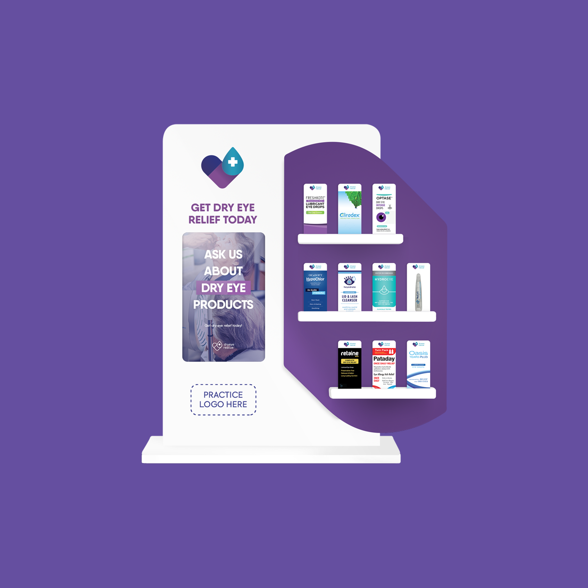 A purple background features a pharmacy display stand with dry eye relief products, emphasizing eye care. The DryEye Rescue Capio™ System Display Acrylic Inserts (30-Pack/Three of Each Product Selected) spotlights Get Dry Eye Relief Today and invites Ask Us About Dry Eye Products, encouraging dry eye discussions.
