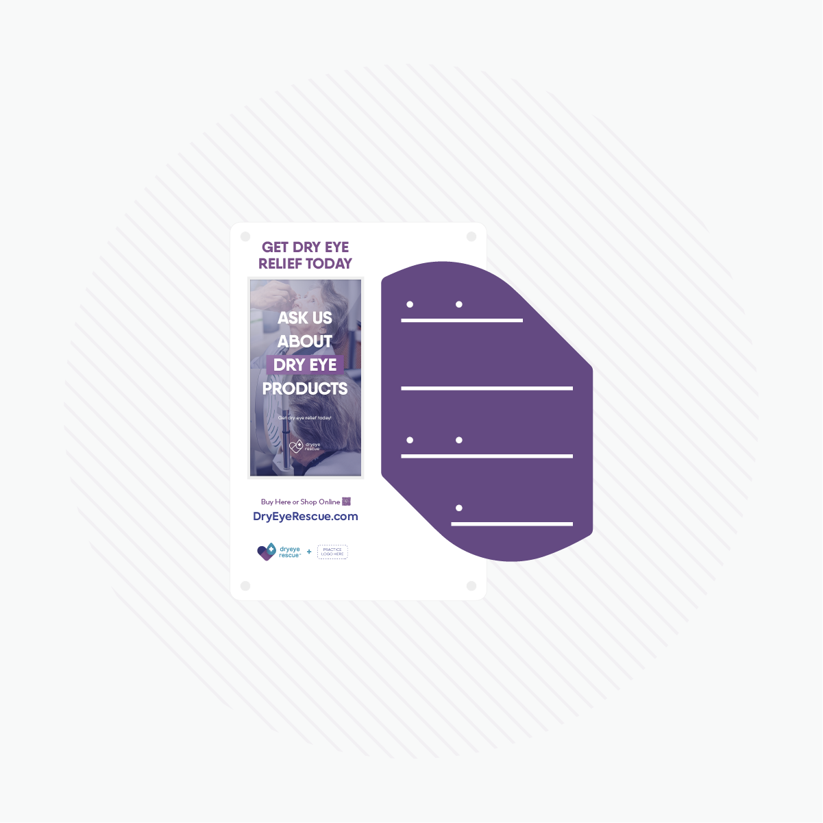 Promotional poster for dry eye relief with a purple speech bubble on the right. Discover relief using DryEye Rescue’s Medium Wall Mount Content Display Capture Rate. Explore more at DryEyeRescue.com.