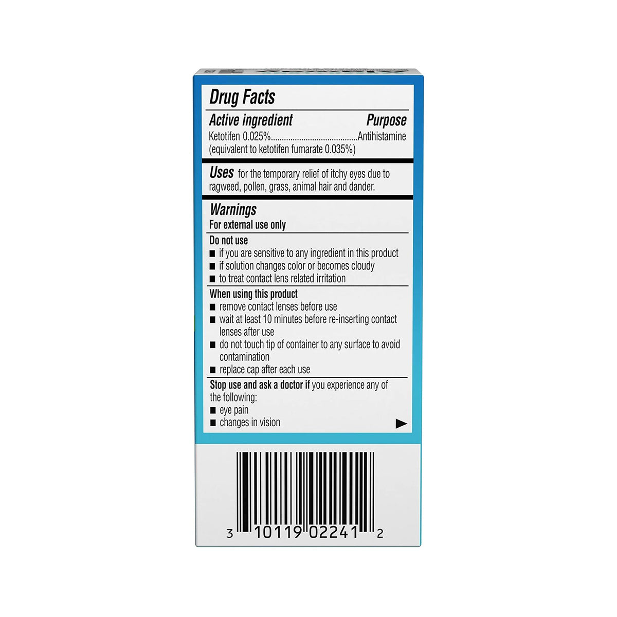The image shows the back of a Bausch + Lomb Alaway Antihistamine Allergy Eye Drops box, detailing Drug Facts with Ketotifen 0.025% as the active ingredient for itchy eyes relief, and includes uses, warnings, and instructions. A barcode is at the bottom.