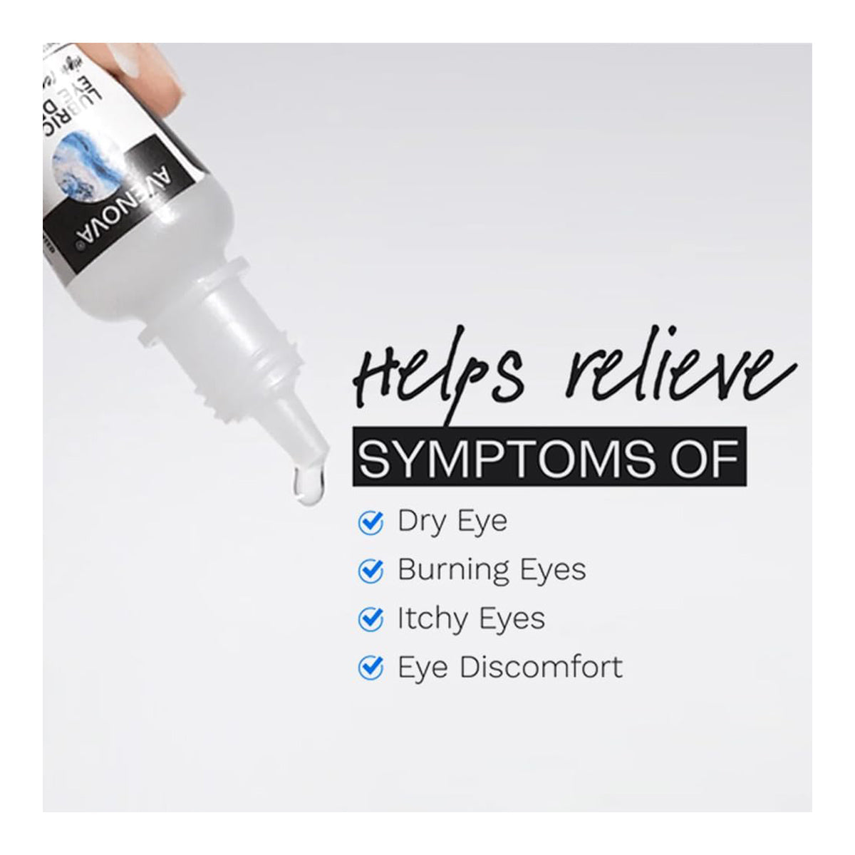 Image of NovaBays Avenova Lubricant Eye Drops (Twin Pack) 15ml bottle dispensing a drop, with text reading Helps relieve symptoms of followed by a checklist: Dry Eye, Burning Eyes, Itchy Eyes, Eye Discomfort. Experience soothing relief for effective dry eye comfort.