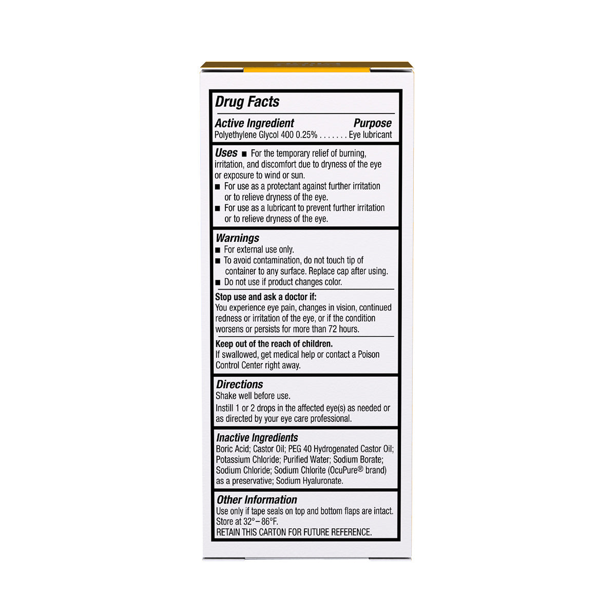 The image shows a medicine box displaying a detailed Drug Facts label for Bausch + Lombs Blink Triple Care 3 in 1 Eye Drops. It offers information on active ingredients, uses, warnings, and directions, ensuring long-lasting hydration and dry eye relief similar to Blink Triple Care.