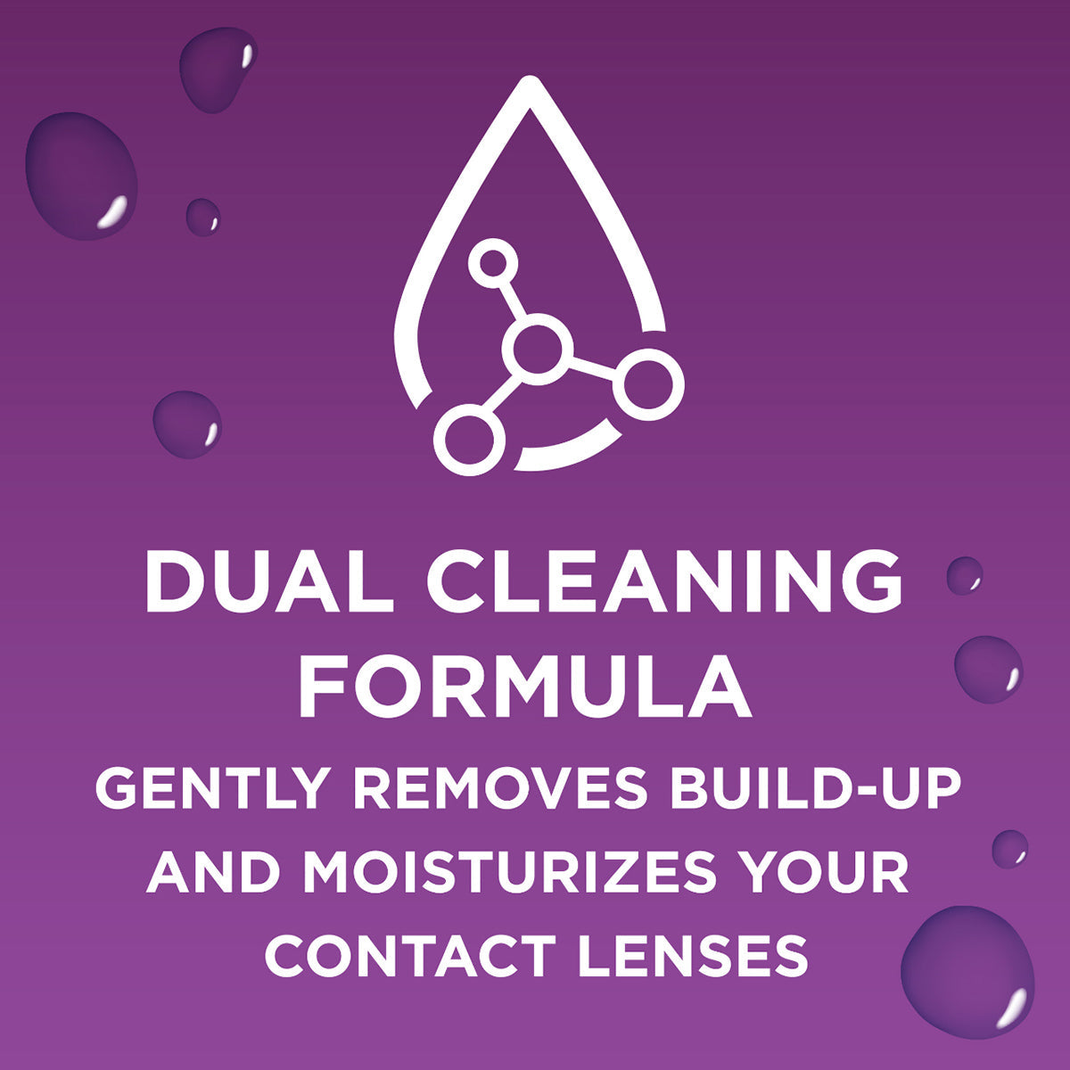 A purple background features water droplet graphics and a droplet icon with a molecular structure inside. Text reads, Blink-N-Clean Lens Drops (15ml) by Bausch + Lomb gently remove build-up and moisturize your contact lenses with a dual cleaning formula.