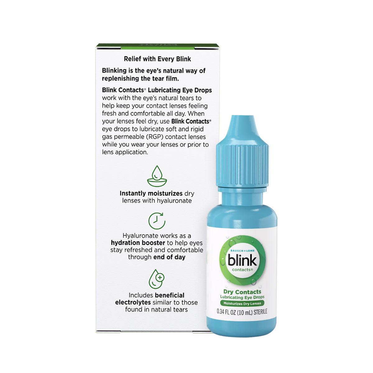 A blue 10ml bottle of Blink Contacts Lubricating Eye Drops by Bausch + Lomb is shown with its packaging, which features instant moisturization, hyaluronate for hydration boosting, and electrolytes for better contact lens comfort.