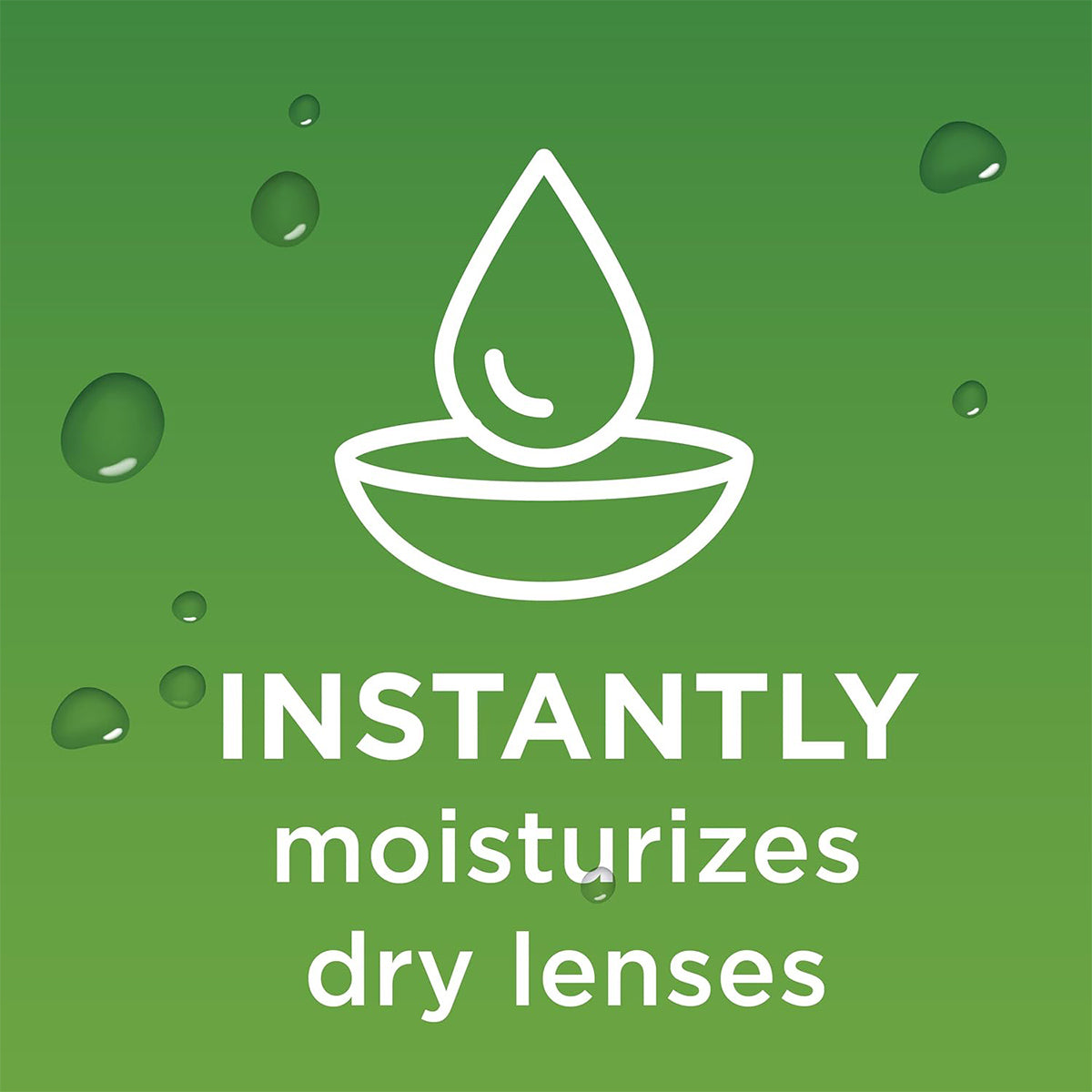 Illustration of a water droplet over a bowl on a green background with scattered droplets. Text reads: Blink Contacts Lubricating Eye Drops by Bausch + Lomb instantly moisturize dry lenses for enhanced comfort.