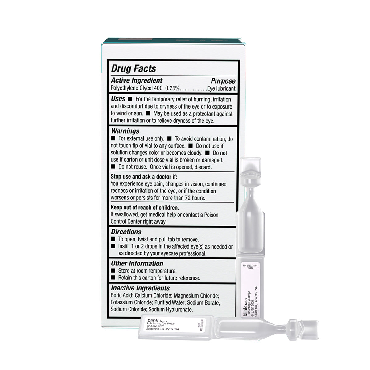 Image of Blink Tears Preservative Free Lubricating Eye Drops Vials (25 Count) by Bausch + Lomb shown with single-use vials. Packaging lists active ingredient polyethylene glycol 400, warnings, uses, and directions. The white background mirrors other effective lubricating eye drops for relief.