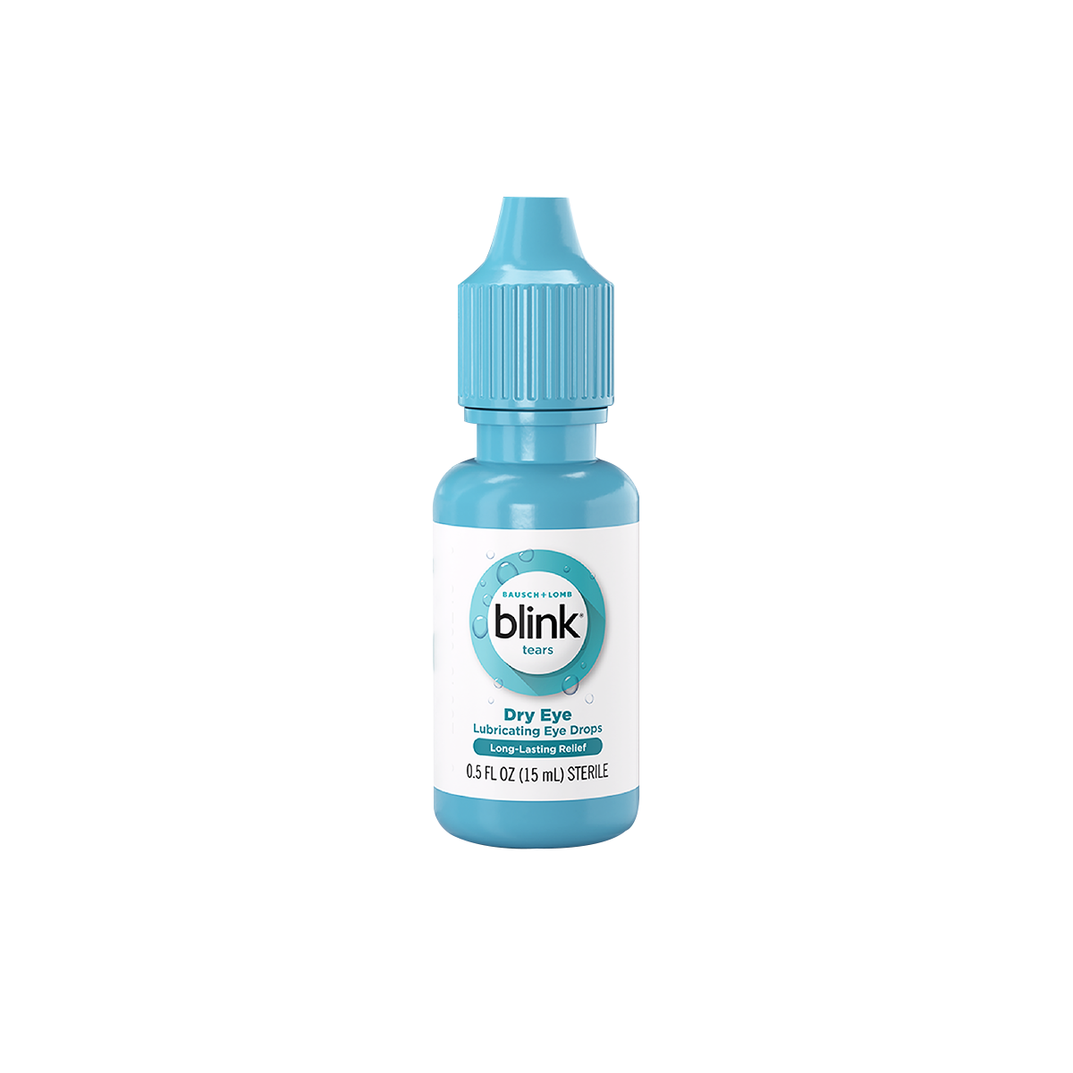 A small, light blue Bausch + Lomb Blink Tears bottle with a white label featuring blue text indicates 0.5 fl oz (15 ml). Ideal for eye comfort, the ridged cap offers an easy grip to soothe dry eyes effortlessly.