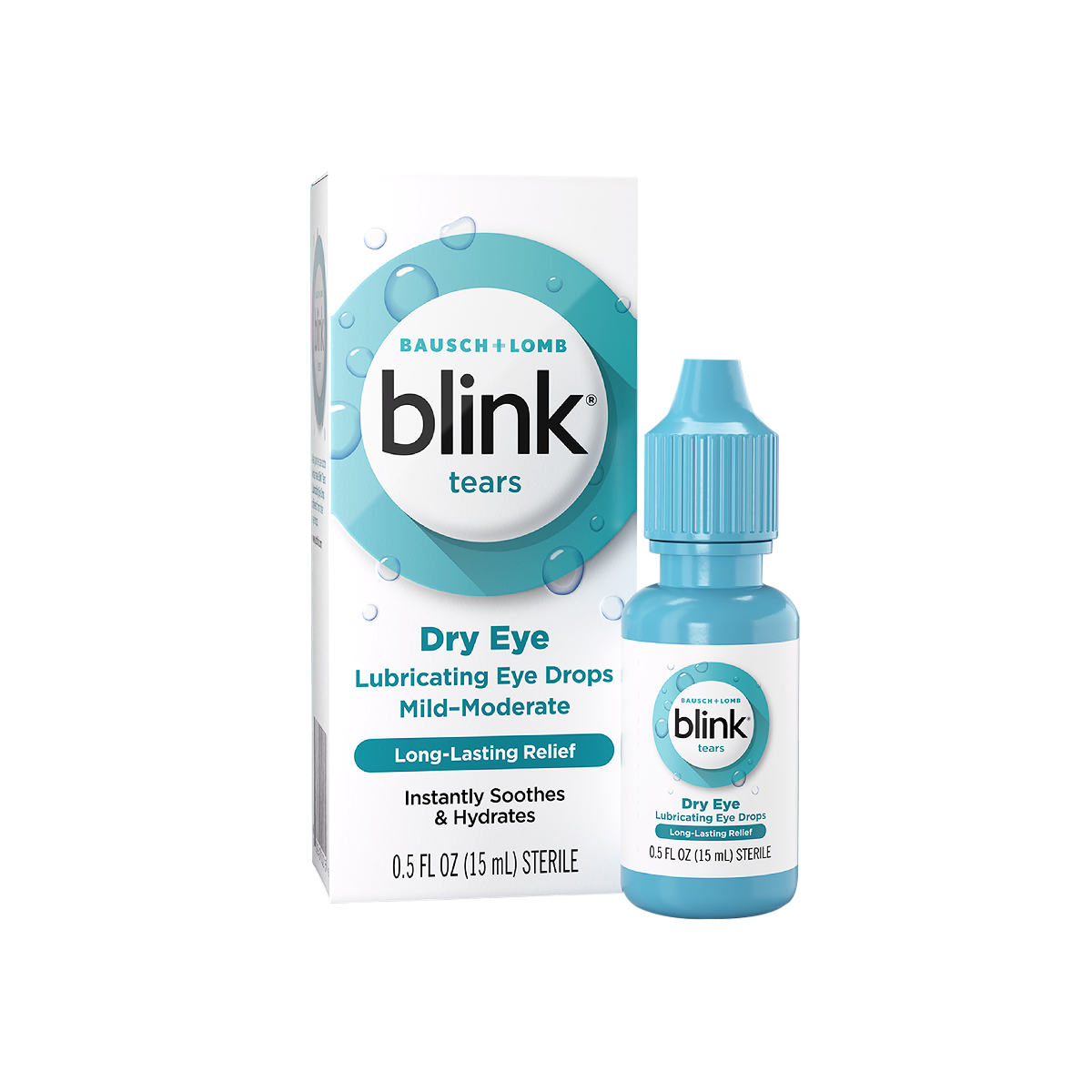 A box and a blue 0.5 fl oz (15 mL) bottle of Bausch + Lomb Blink Tears Lubricating Eye Drops to soothe mild to moderate dry eyes, providing long-lasting comfort.