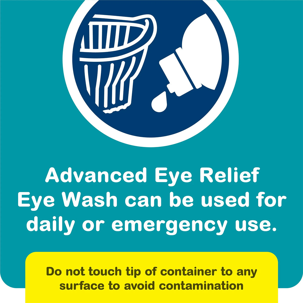 An illustration shows an eye dropper pointing at an eye with drops. Text: Advanced Eye Relief Eye Wash by Bausch + Lomb (4 oz) soothes irritated eyes, ideal for daily/emergency use. Avoid contamination by not touching the container tip to any surface.