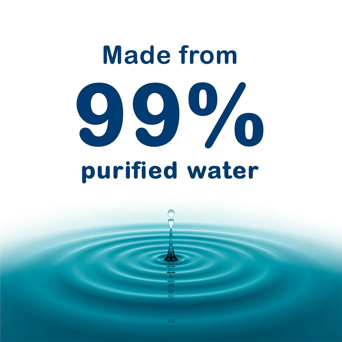 Text reads: Made from 99% purified water above a central droplet creating ripples on a blue surface, promoting relief for irritated eyes. The background transitions from white to light blue at the bottom. Advanced Eye Relief Eye Wash by Bausch + Lomb (4 oz) is featured.