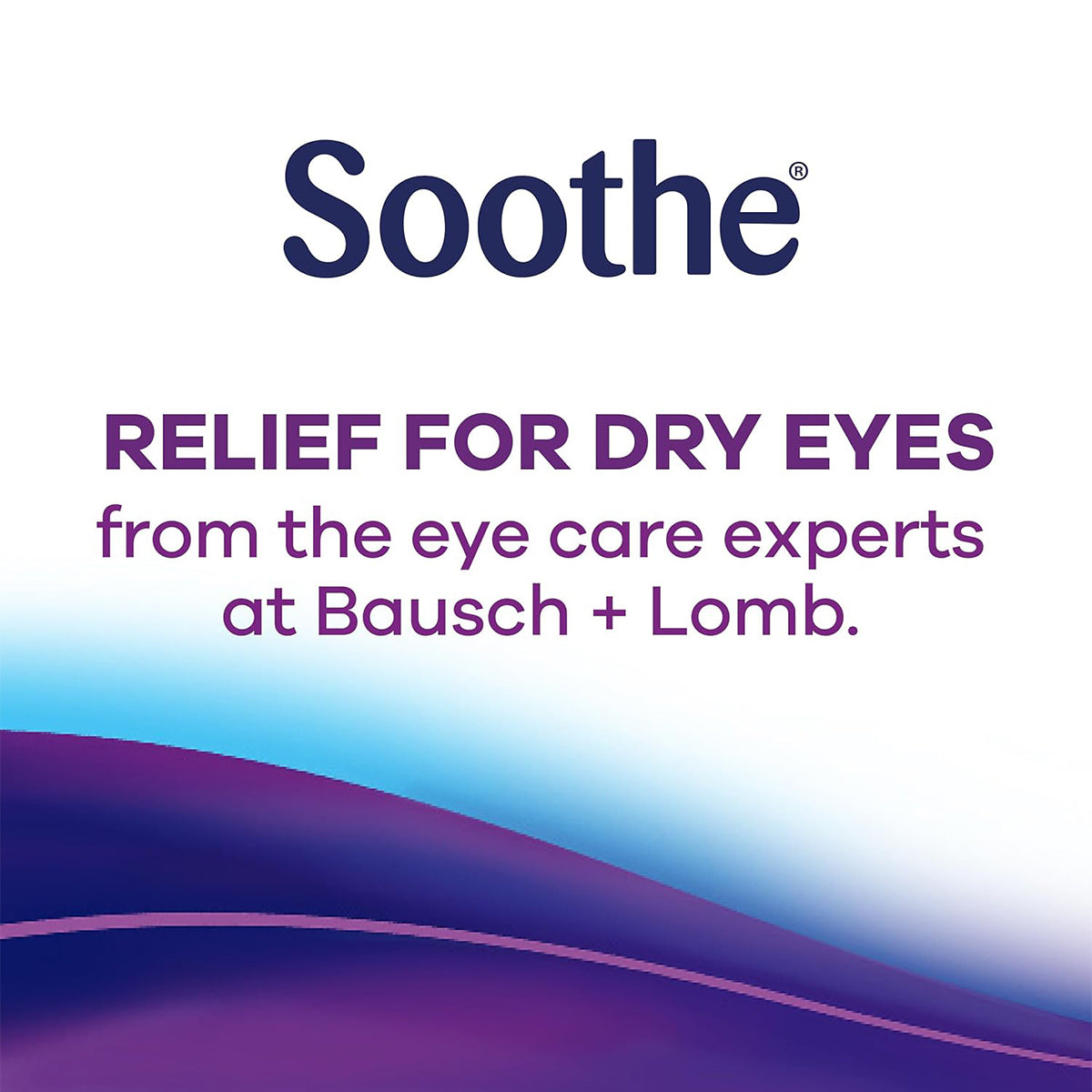 The text image shows Soothe Relief for Dry Eyes by Bausch + Lomb, formulated with Restoryl mineral oils and featuring a blue and purple wave design. Product: Bausch & Lomb Soothe XP Lubricant Eye Drops, Xtra Protection Formula, 15 ml.