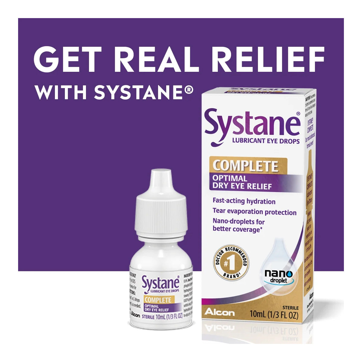 Image of Alcons Systane Complete Lubricant Eye Drops (10ml). The white dropper bottle sits beside its box, highlighting Nano-Droplet Technology for superior dry eye relief. A purple background features the phrase GET REAL RELIEF WITH SYSTANE® prominently at the top.