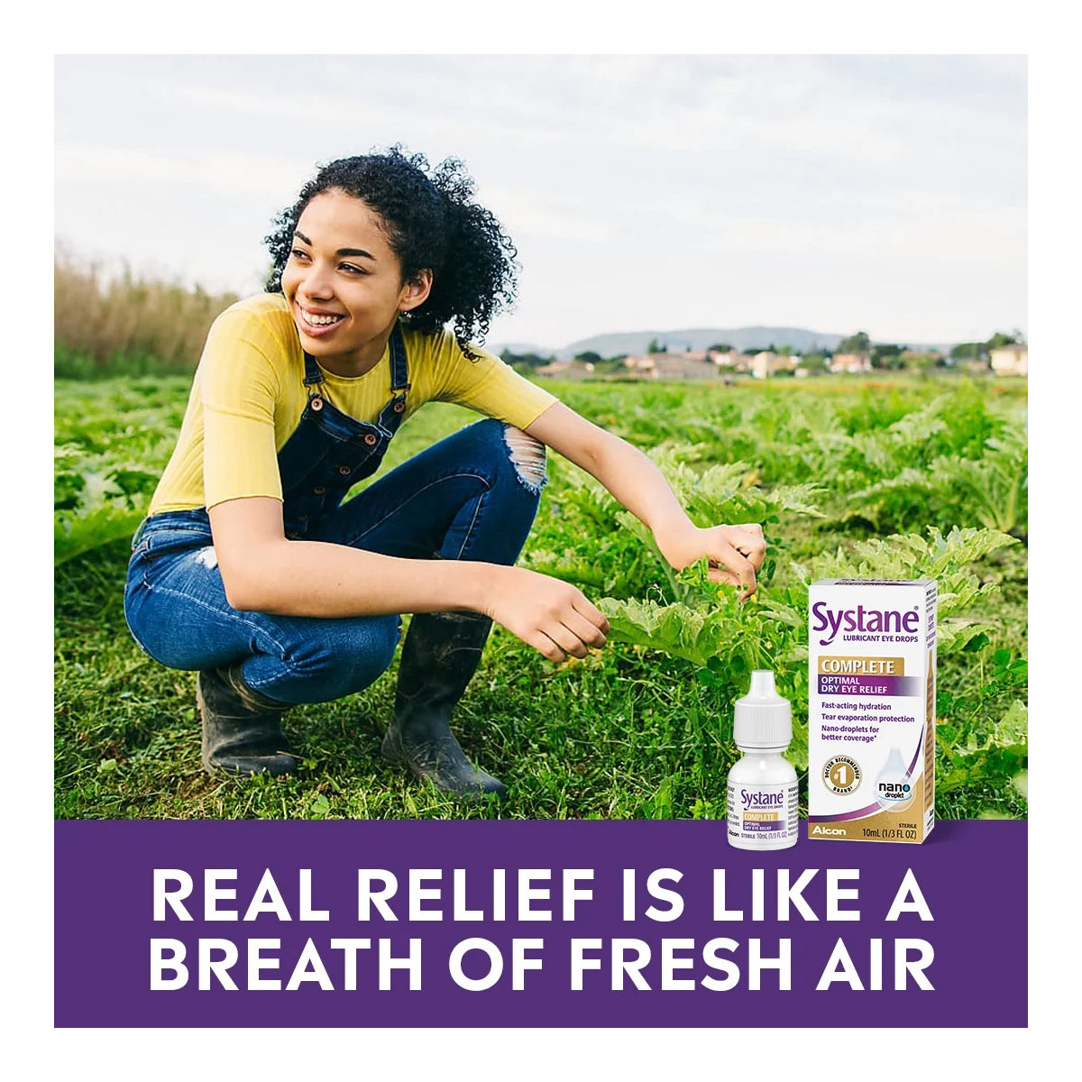 A woman kneels and smiles in a field with Alcons Systane Complete Lubricant Eye Drops (10ml bottle) by her side. Text on the image reads, Real relief is like a breath of fresh air.