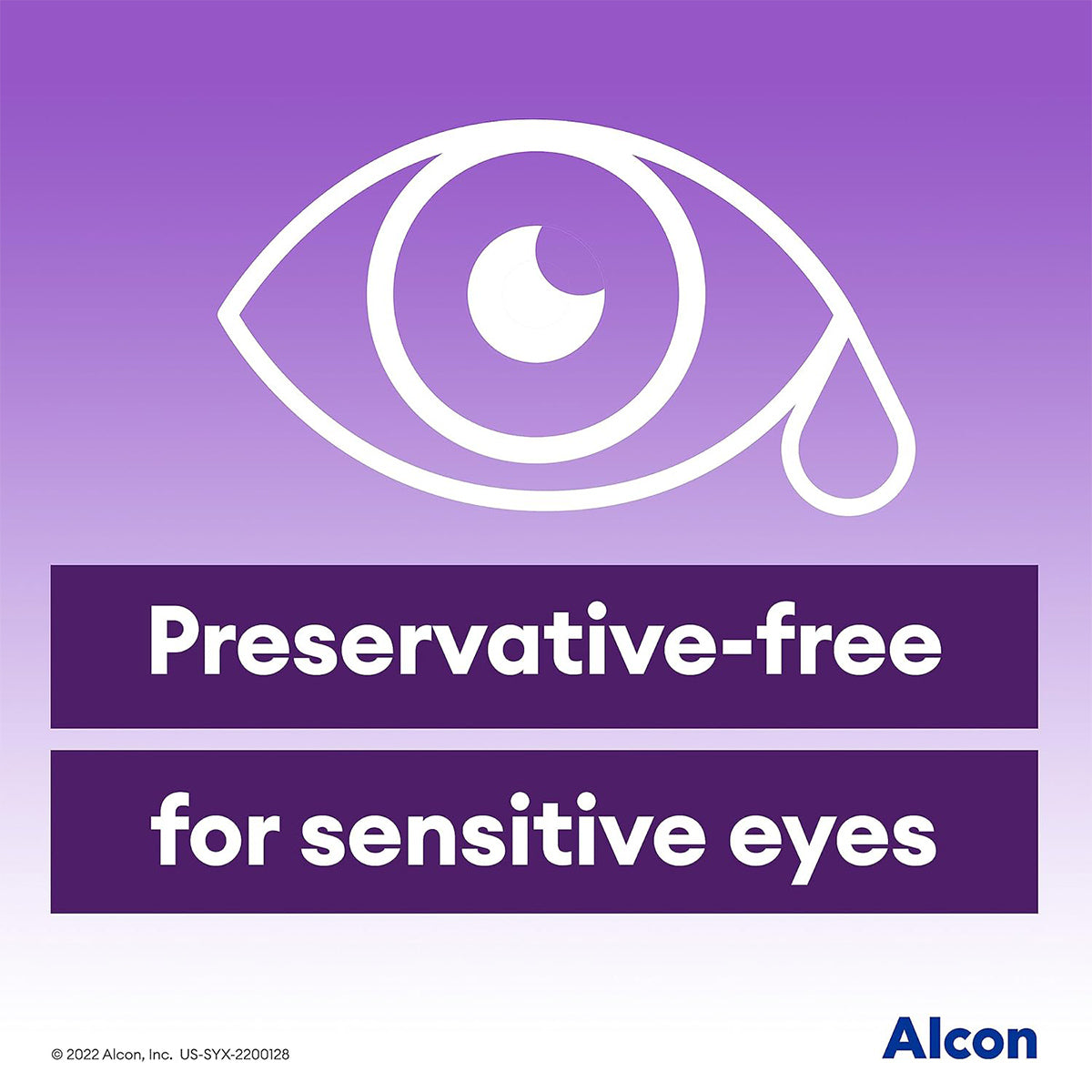 A purple gradient background with a white eye and tear promotes Preservative-free for sensitive eyes. Great for dry eye relief, the Alcon logo is in the bottom right corner. Product: Systane Complete Preservative-Free Lubricant Eye Drops 30ct Vials.