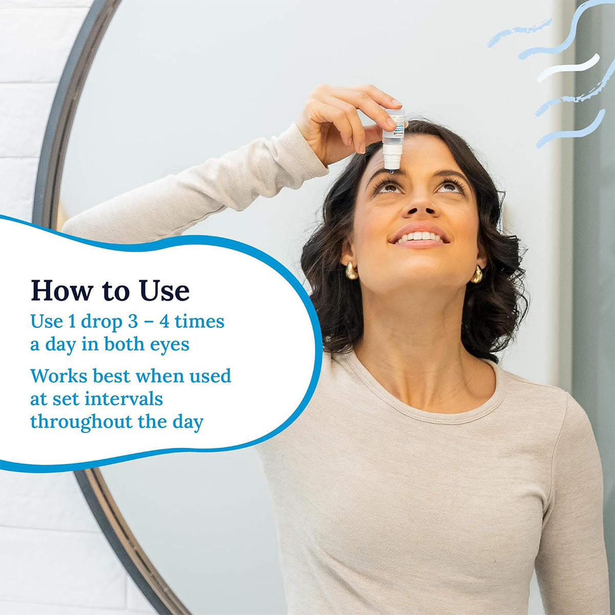 A woman in a light gray shirt tilts her head back to apply CorneaCares Recover Preservative-Free Artificial Tears. Instructions: Use 1 drop in both eyes 3-4 times daily for optimal dry eye relief. Works best when used at set intervals throughout the day.